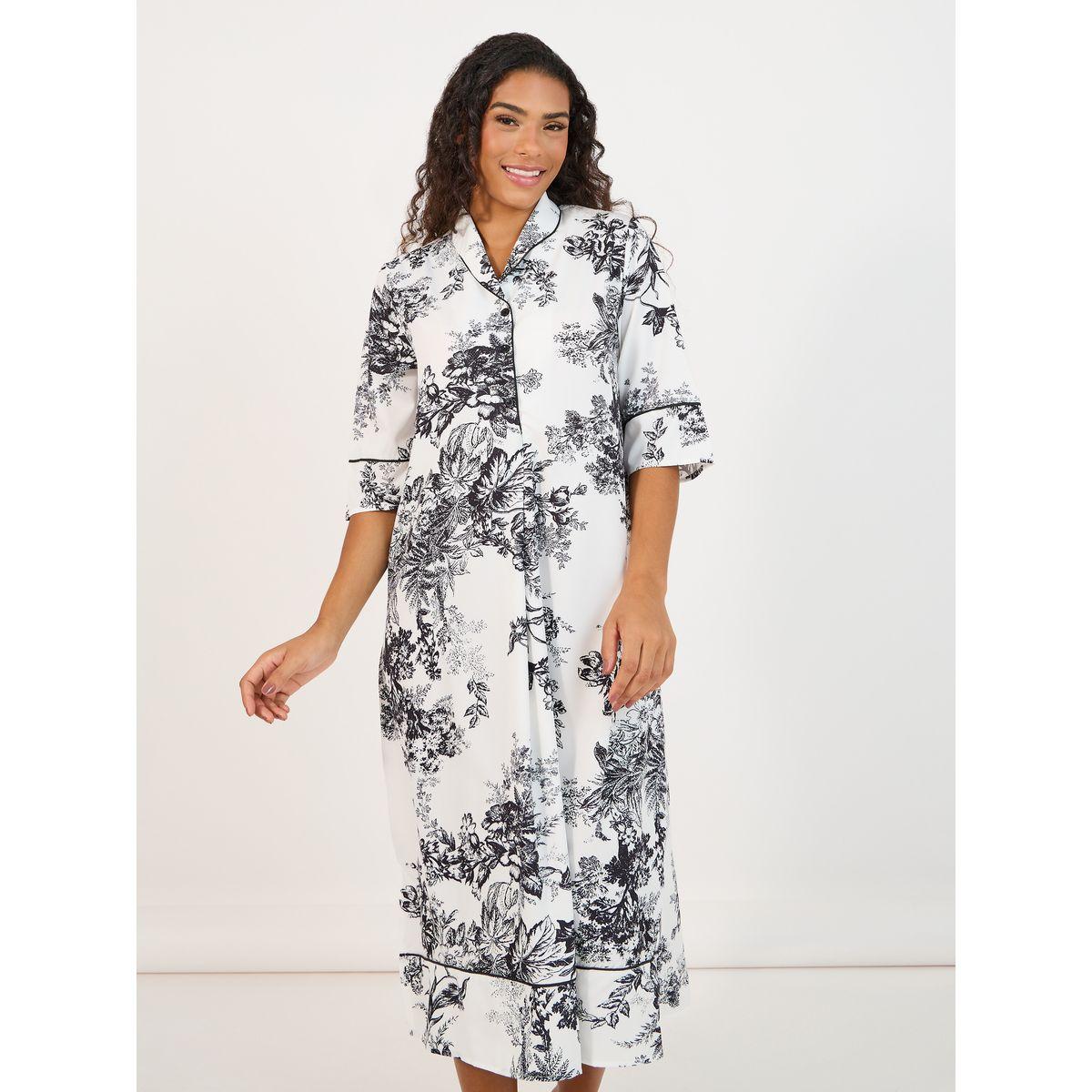 Styli Unwind Mono Floral Piped Button Through Nightshirt Dress-women-clothing-nightwear-nighties-image-2