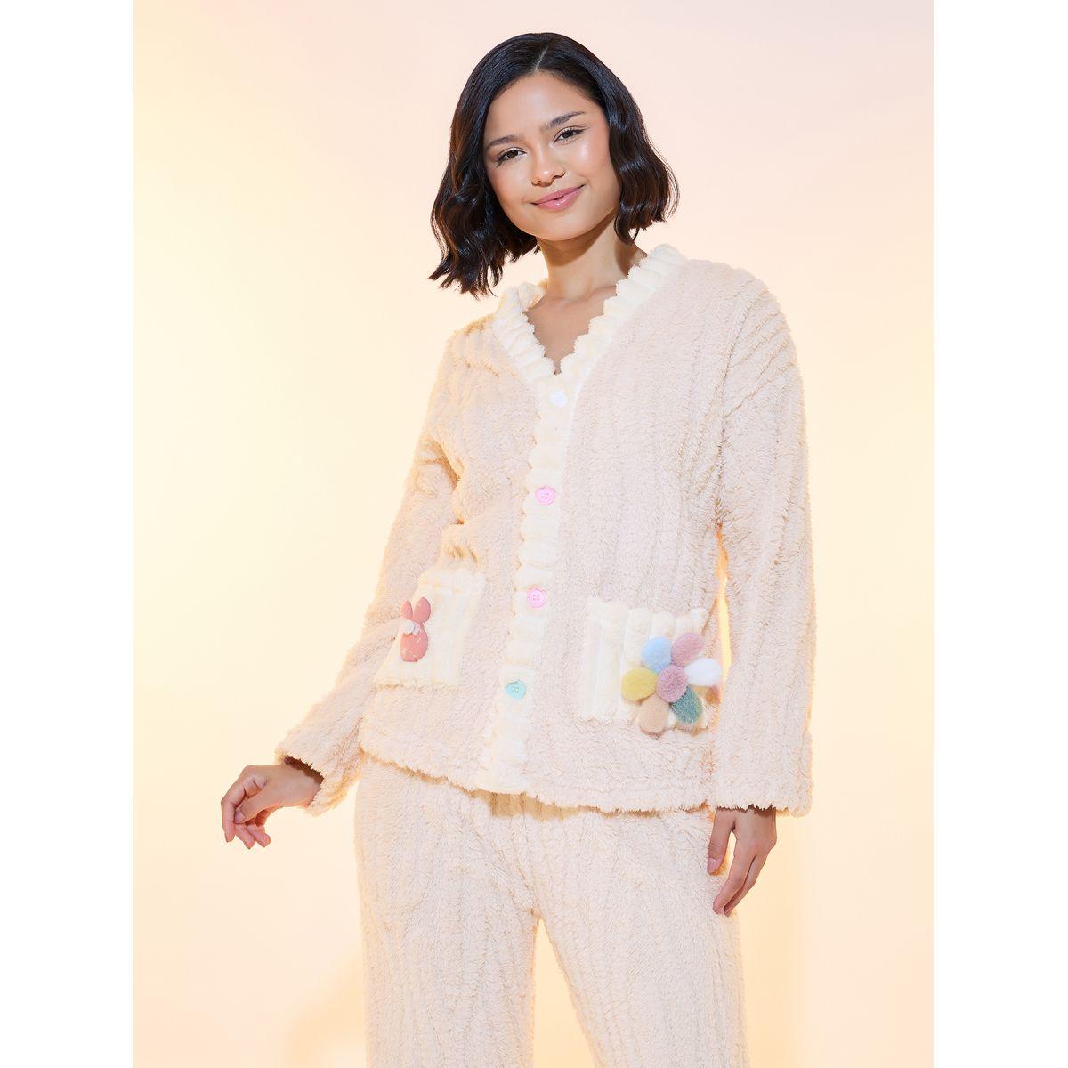 Styli Flower Patch Fleece Shirt & Pyjama Set-women-clothing-nightwear-pyjamas-longsets-image-2