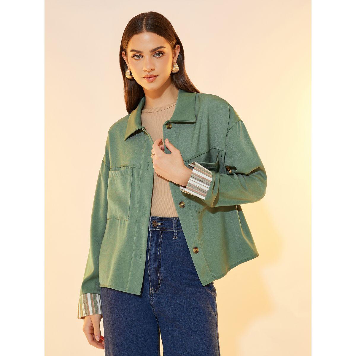 Styli Striped Contrast Sleeve Pocket Detail Jacket-women-winterwear-coatsandjackets-jackets-image-1