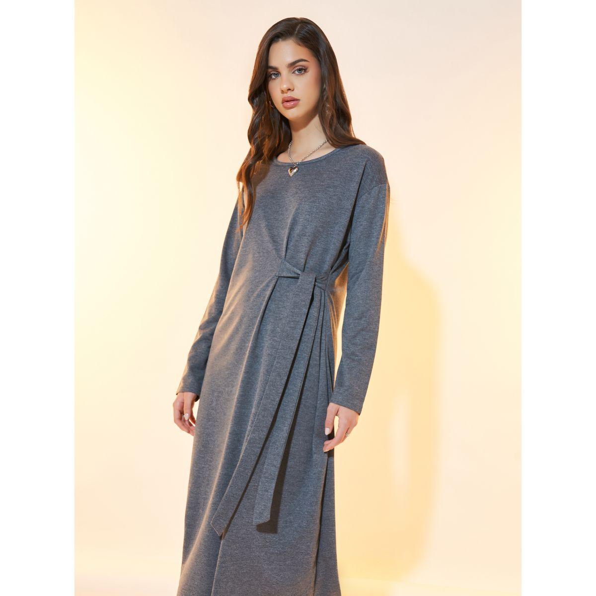 Styli Solid Dropped Shoulder Tie Front Midi Dress-women-clothing-dresses-image-2