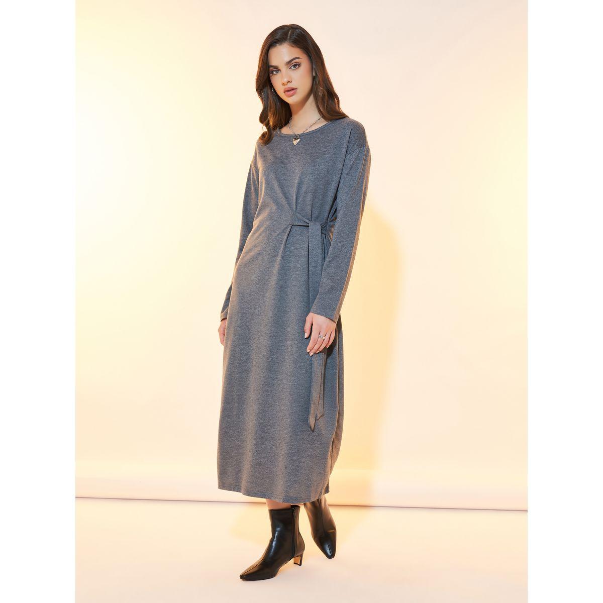 Styli Solid Dropped Shoulder Tie Front Midi Dress-women-clothing-dresses-image-5
