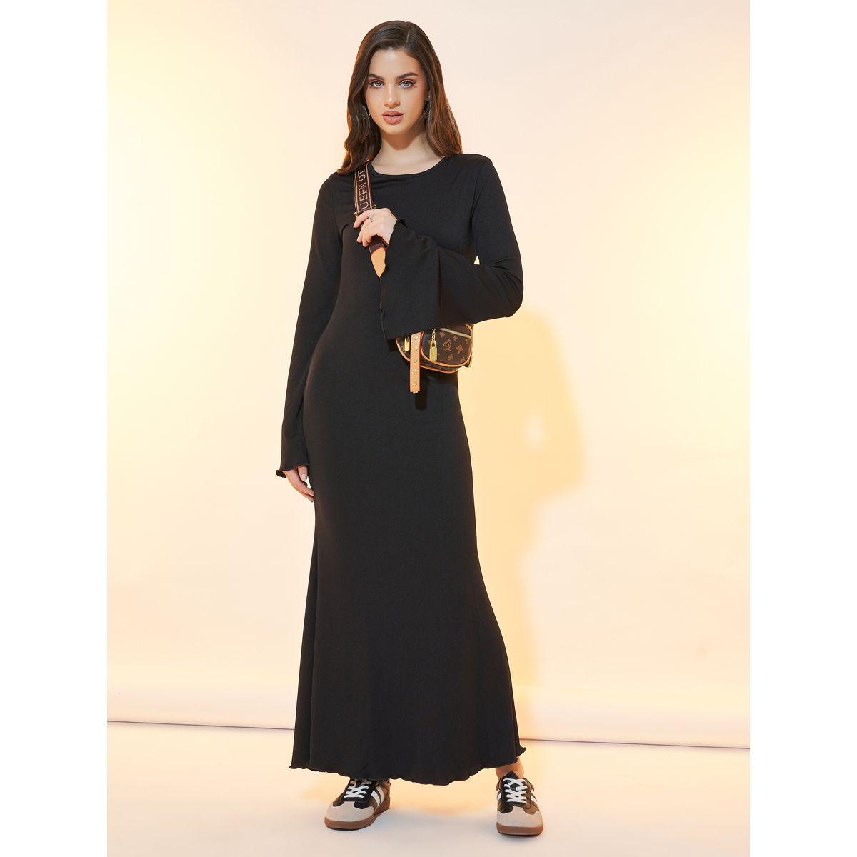Styli Solid Ribbed Maxi Dress with Bell Sleeves-women-clothing-dresses-image-1