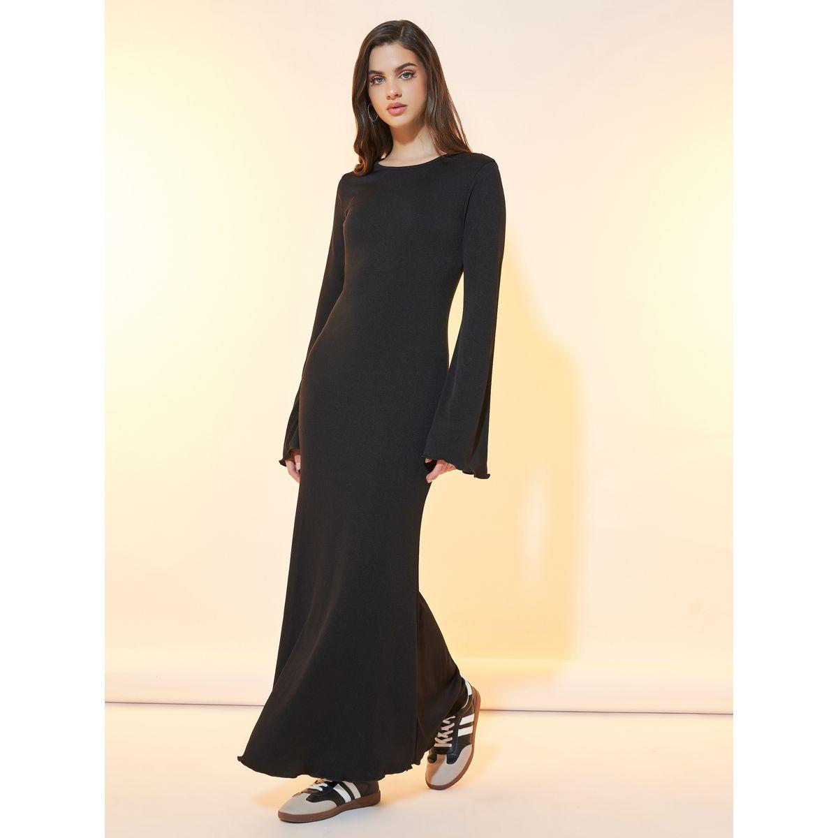 Styli Solid Ribbed Maxi Dress with Bell Sleeves-women-clothing-dresses-image-5