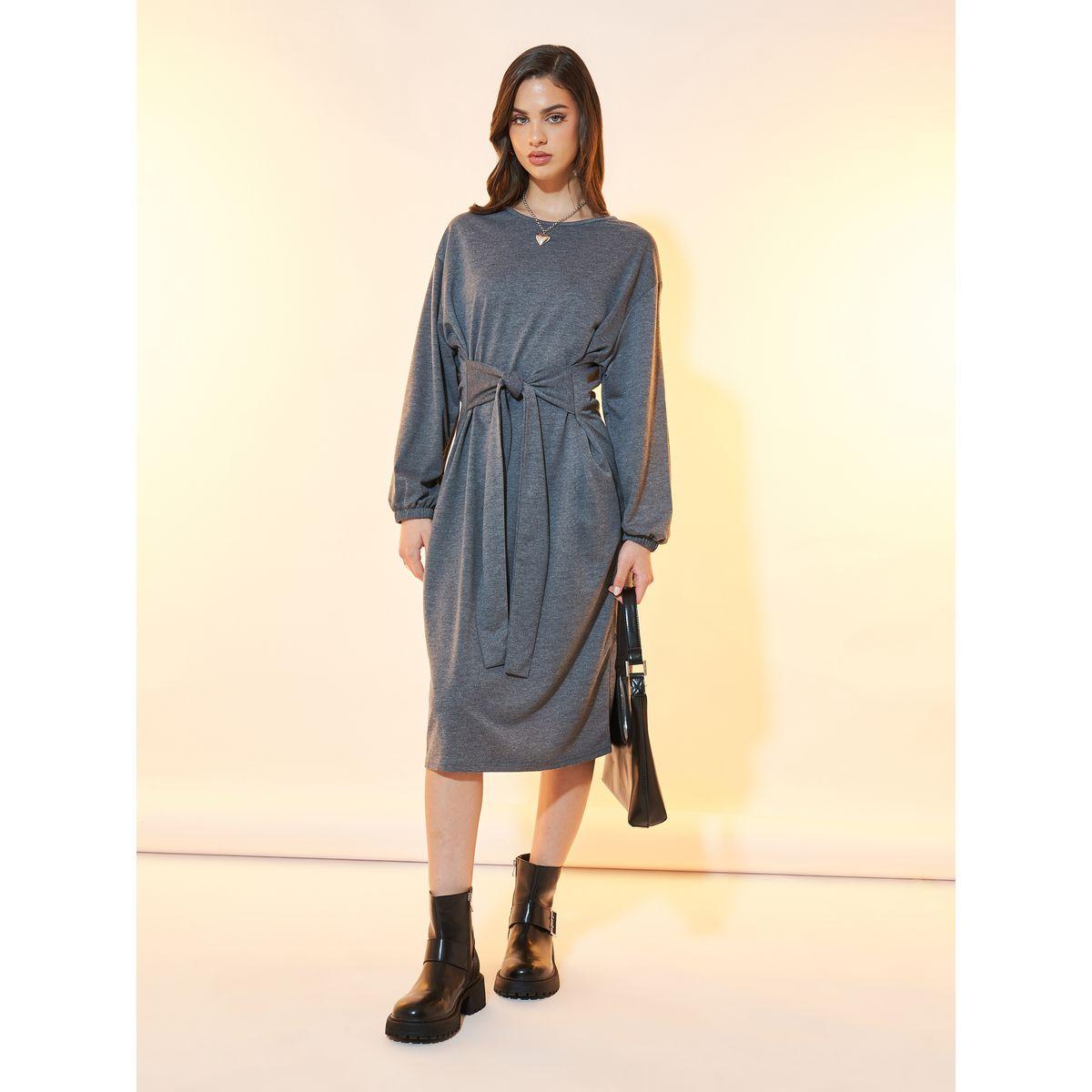 Styli Solid Dropped Shoulder Tie Front Midi Dress-women-clothing-dresses-image-1