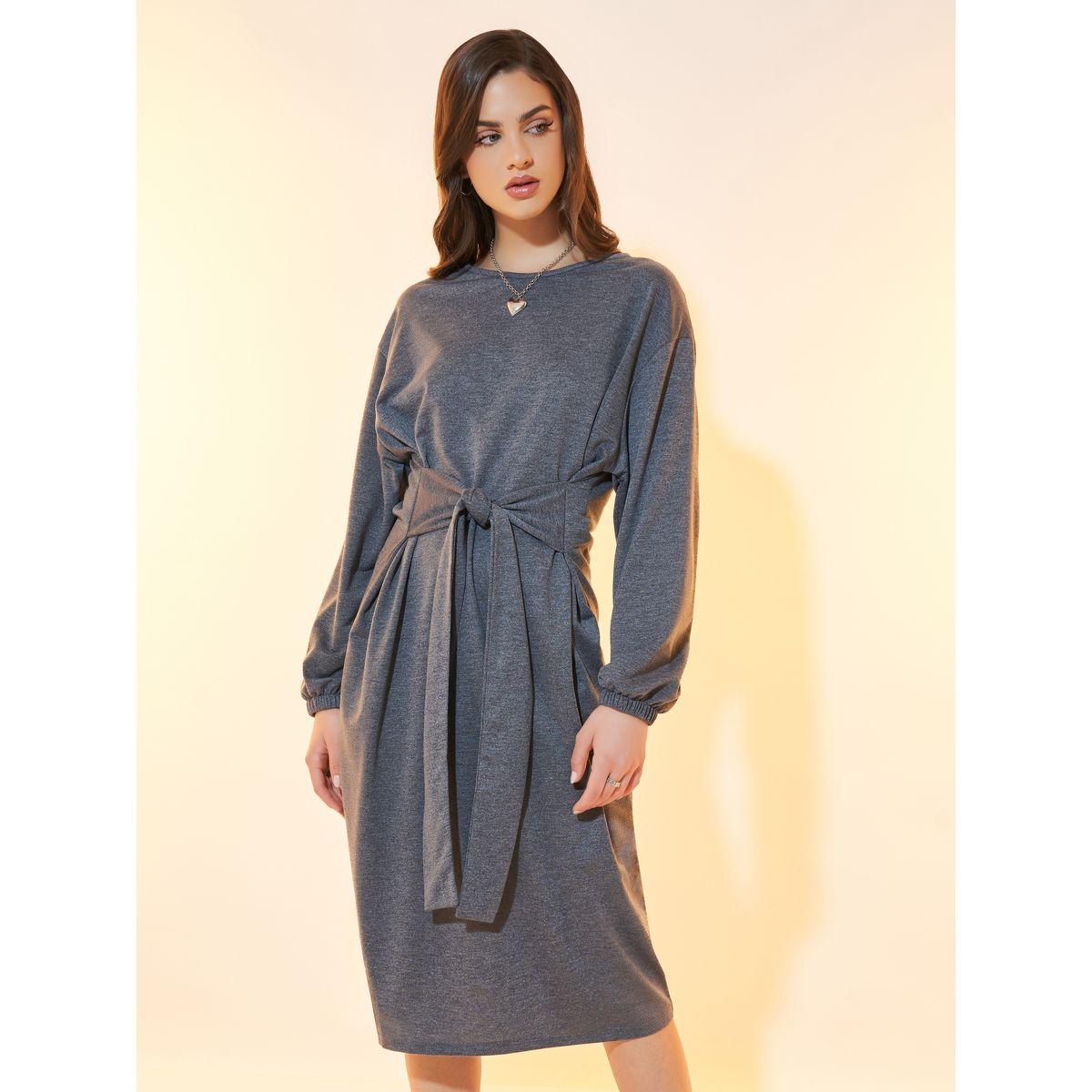 Styli Solid Dropped Shoulder Tie Front Midi Dress-women-clothing-dresses-image-2