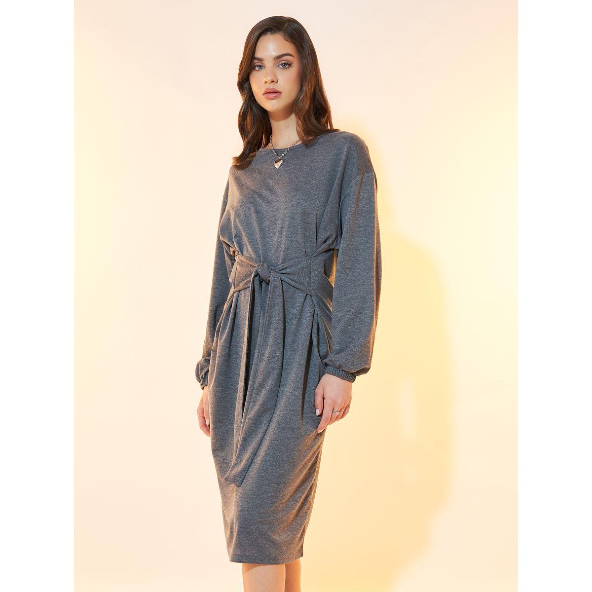 Styli Solid Dropped Shoulder Tie Front Midi Dress-women-clothing-dresses-image-4
