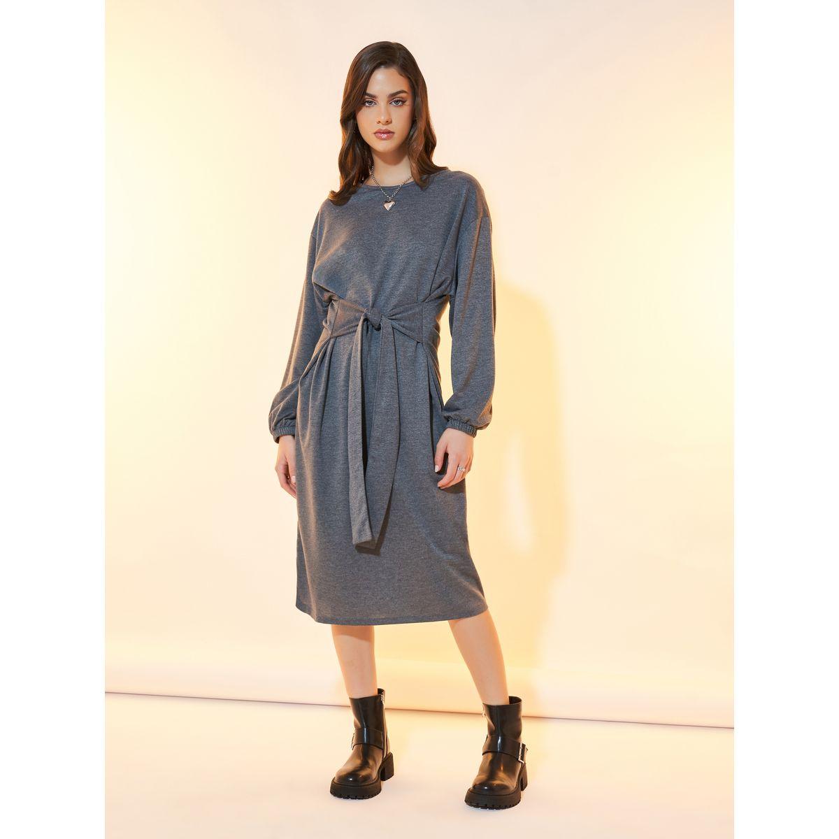 Styli Solid Dropped Shoulder Tie Front Midi Dress-women-clothing-dresses-image-5