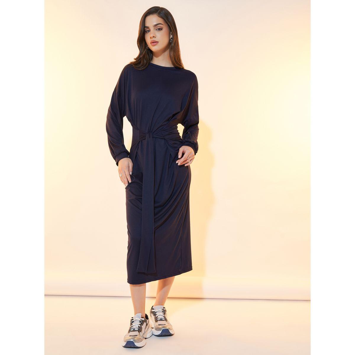 فستان ميدي سادة بأكتاف منخفضة وأربطة-women-clothing-dresses-image-6