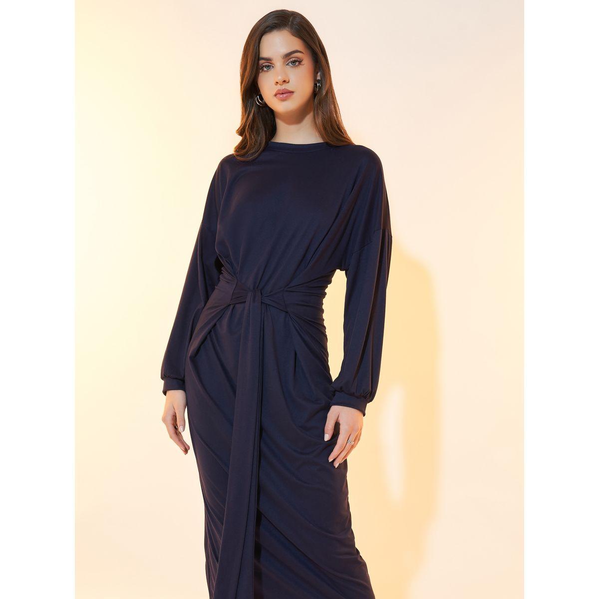 فستان ميدي سادة بأكتاف منخفضة وأربطة-women-clothing-dresses-image-3