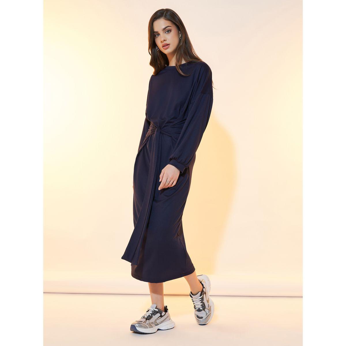 فستان ميدي سادة بأكتاف منخفضة وأربطة-women-clothing-dresses-image-1