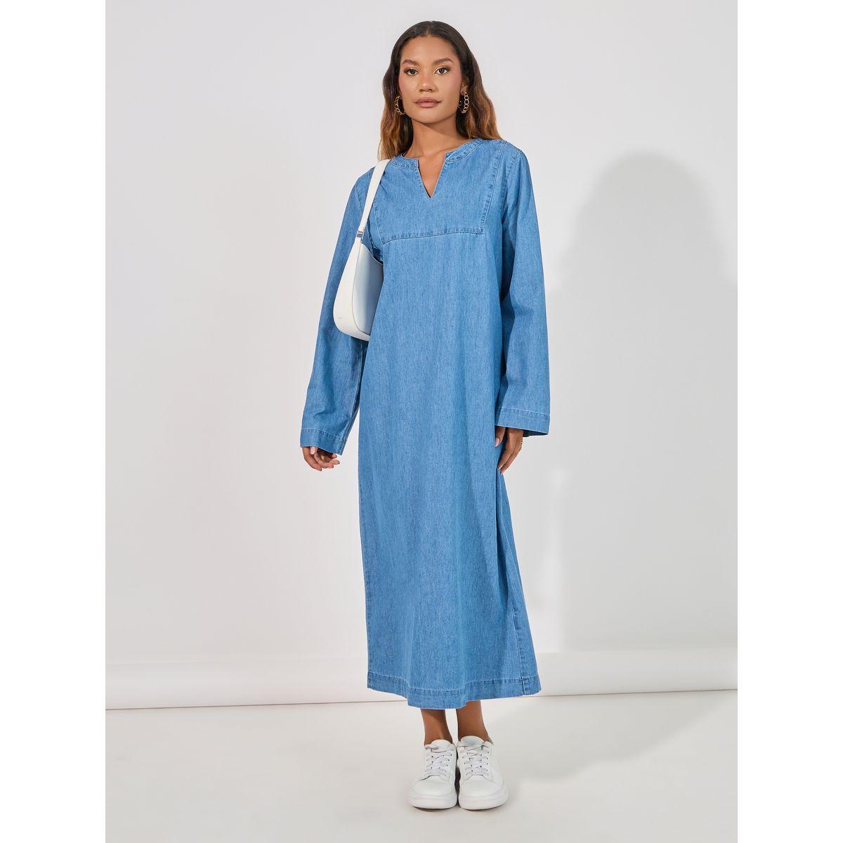 Styli Denim Shift Midi Dress with Notch Neck-women-clothing-dresses-image-1
