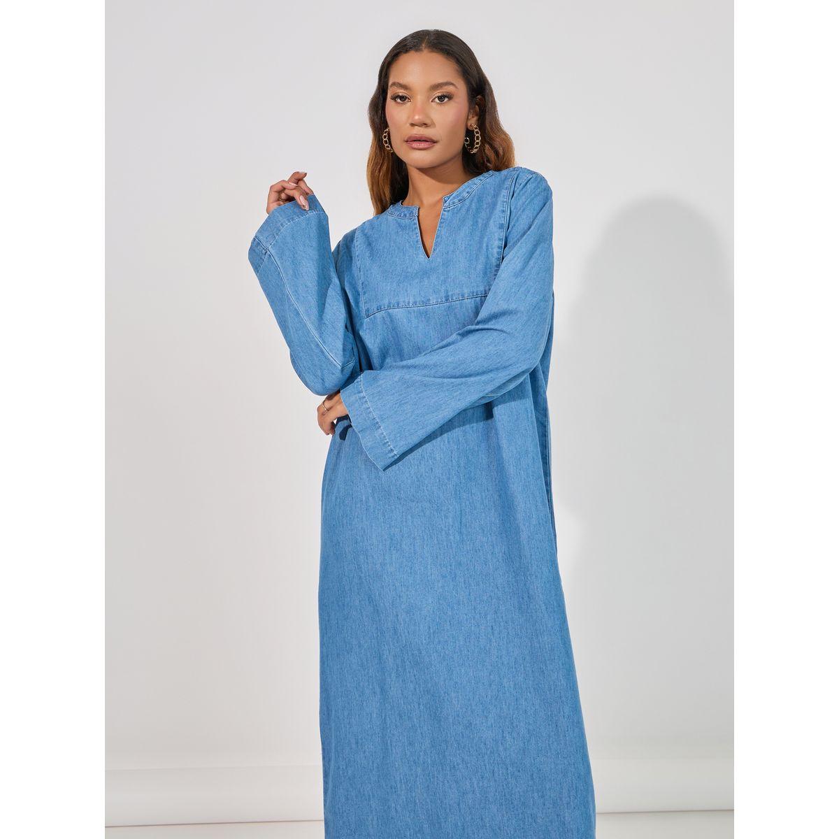 Styli Denim Shift Midi Dress with Notch Neck-women-clothing-dresses-image-2