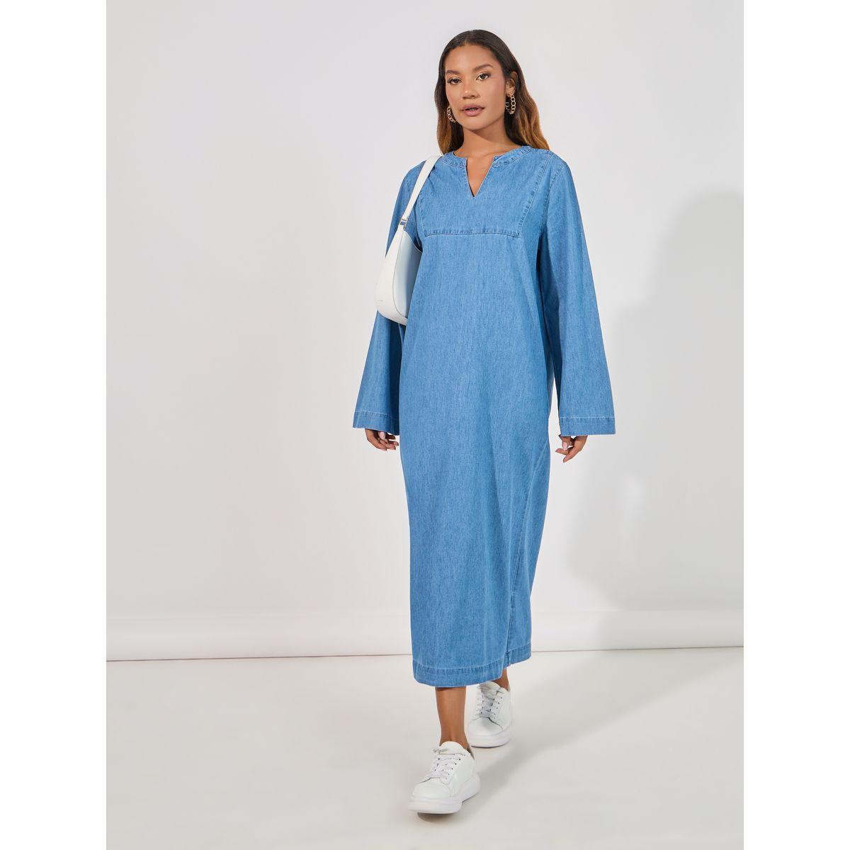 فستان ميدي دنيم مع ياقة بشق-women-clothing-dresses-image-4