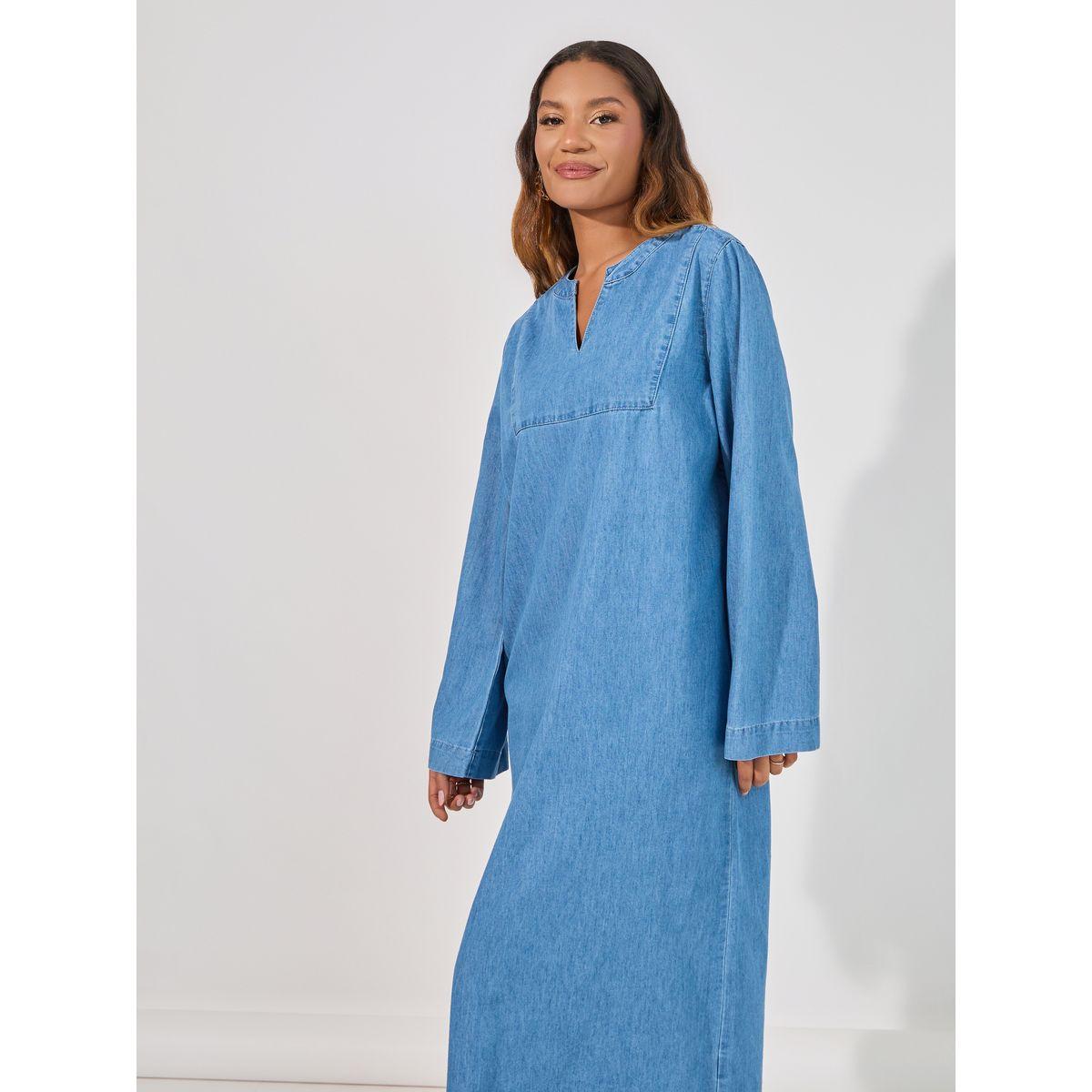 Styli Denim Shift Midi Dress with Notch Neck-women-clothing-dresses-image-5