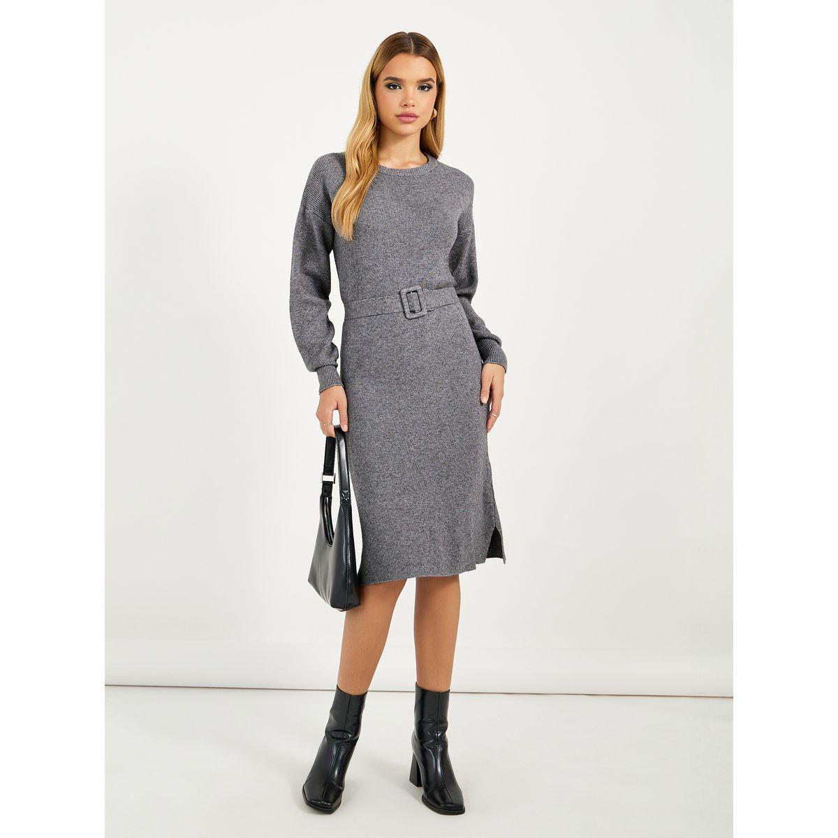 Styli Flat Knit Belted Sweater Knee Length Dress-women-clothing-dresses-image-1