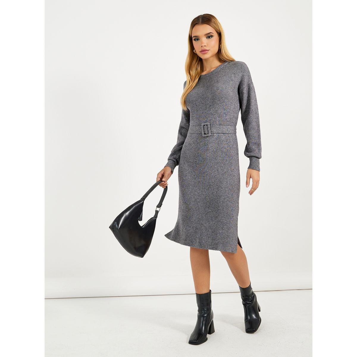 Styli Flat Knit Belted Sweater Knee Length Dress-women-clothing-dresses-image-4
