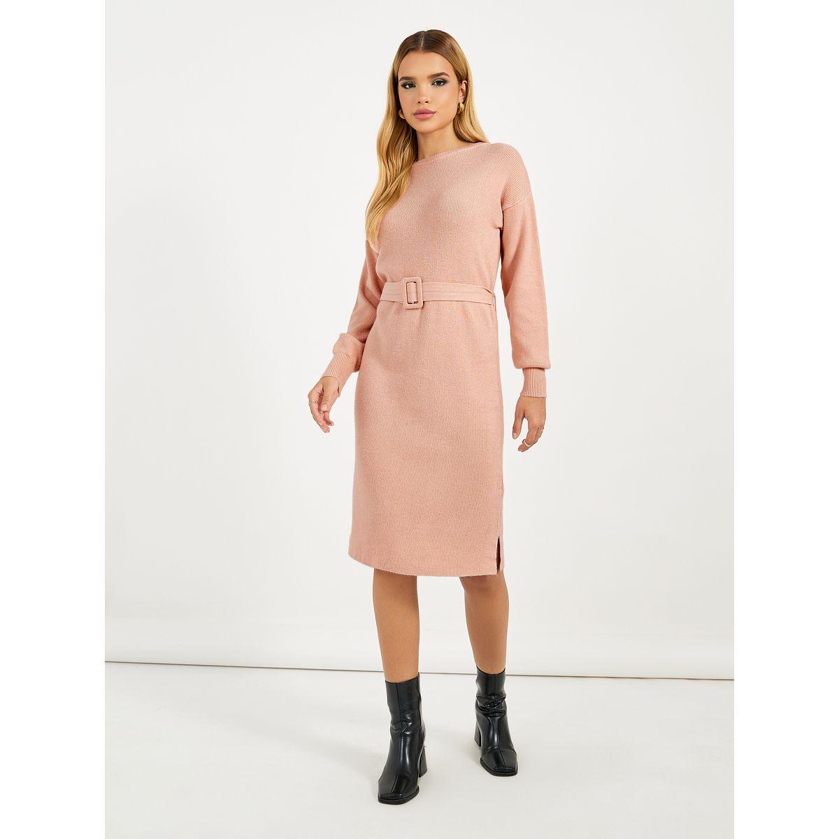 فستان محبوك بطول الركبة مع حزام خصر-women-clothing-dresses-image-1