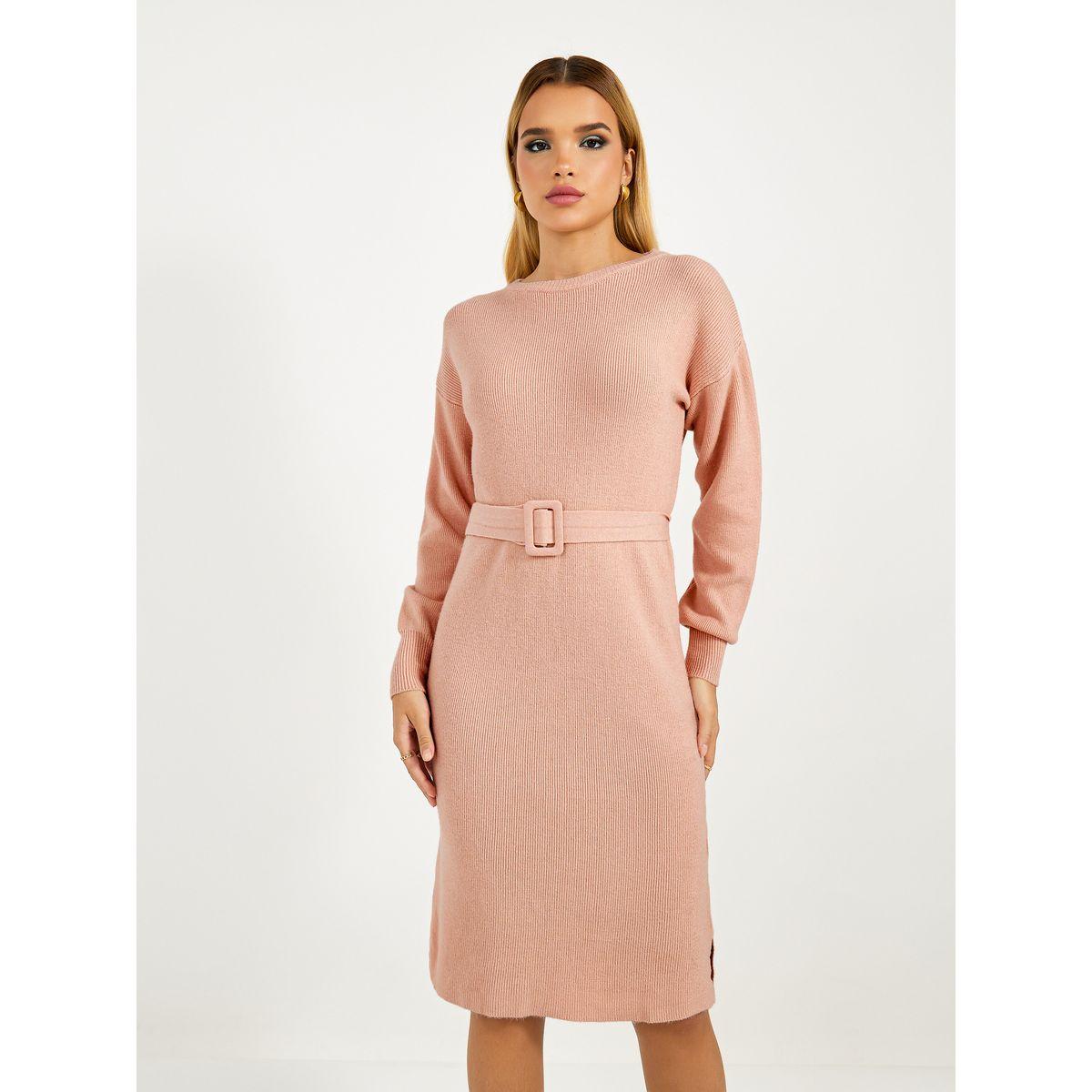 Styli Flat Knit Belted Sweater Knee Length Dress-women-clothing-dresses-image-2