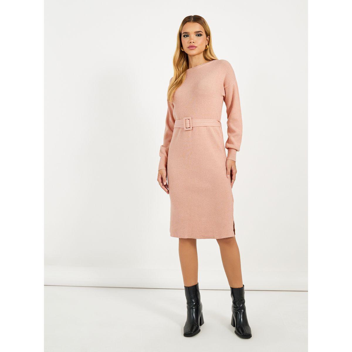 فستان محبوك بطول الركبة مع حزام خصر-women-clothing-dresses-image-4