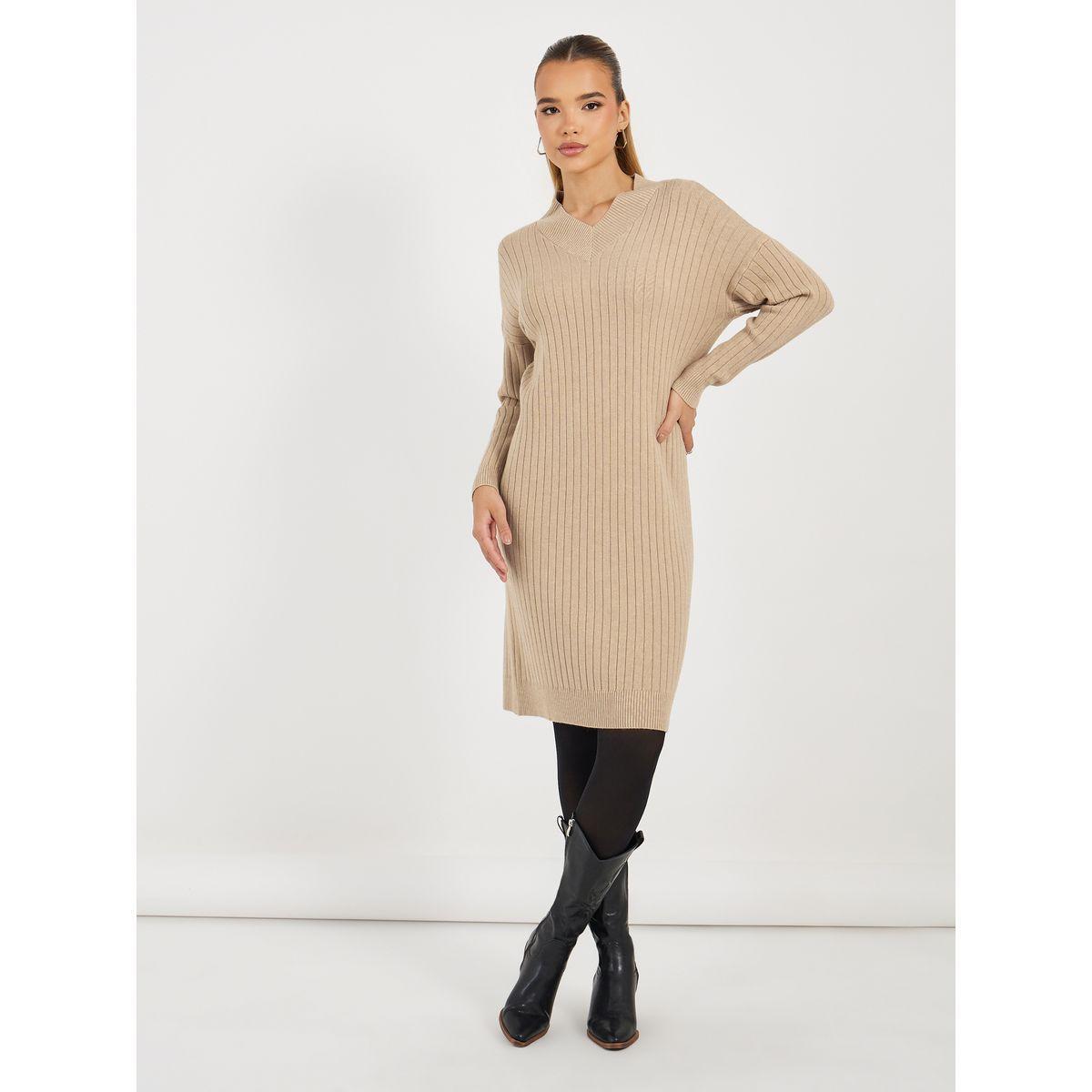 فستان سادة بطول الركبة مع تفاصيل مضلعة-women-clothing-dresses-image-1