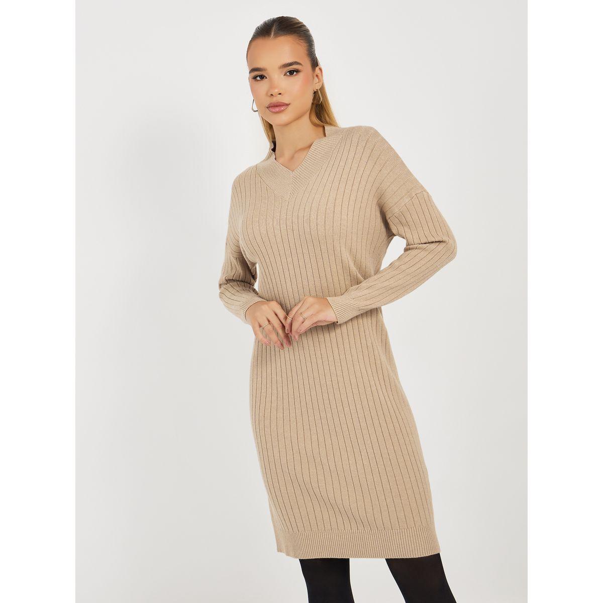 فستان سادة بطول الركبة مع تفاصيل مضلعة-women-clothing-dresses-image-2