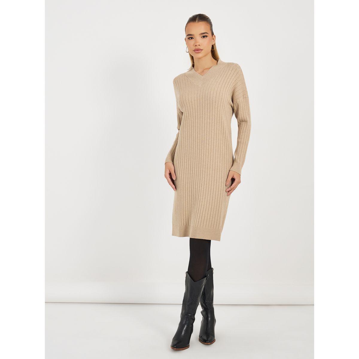 فستان سادة بطول الركبة مع تفاصيل مضلعة-women-clothing-dresses-image-5