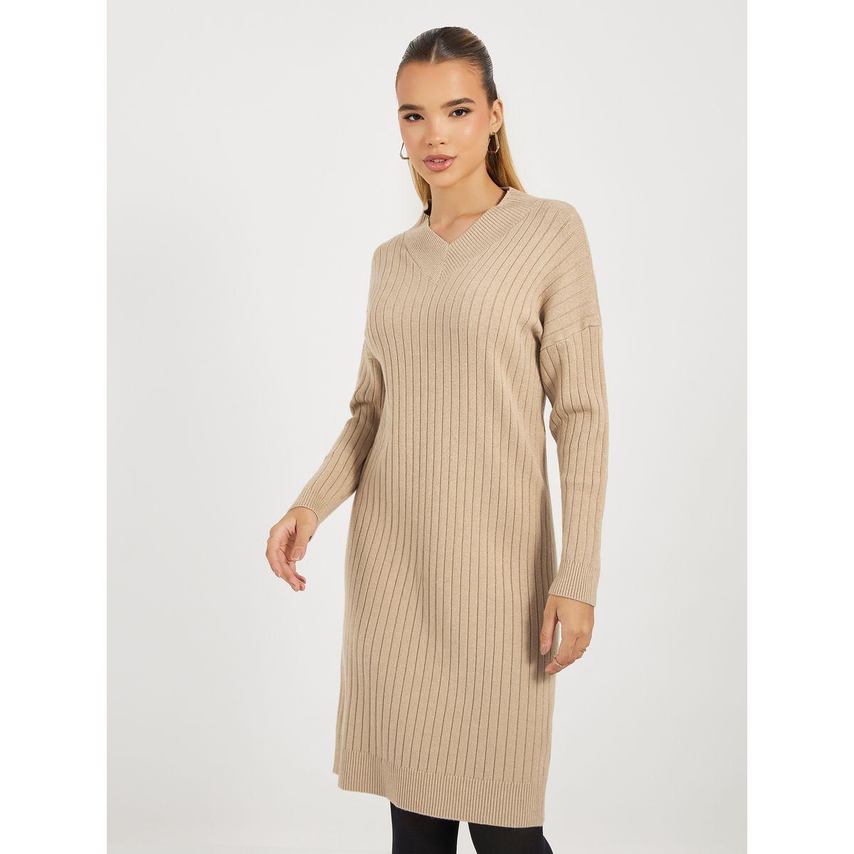 فستان سادة بطول الركبة مع تفاصيل مضلعة-women-clothing-dresses-image-6
