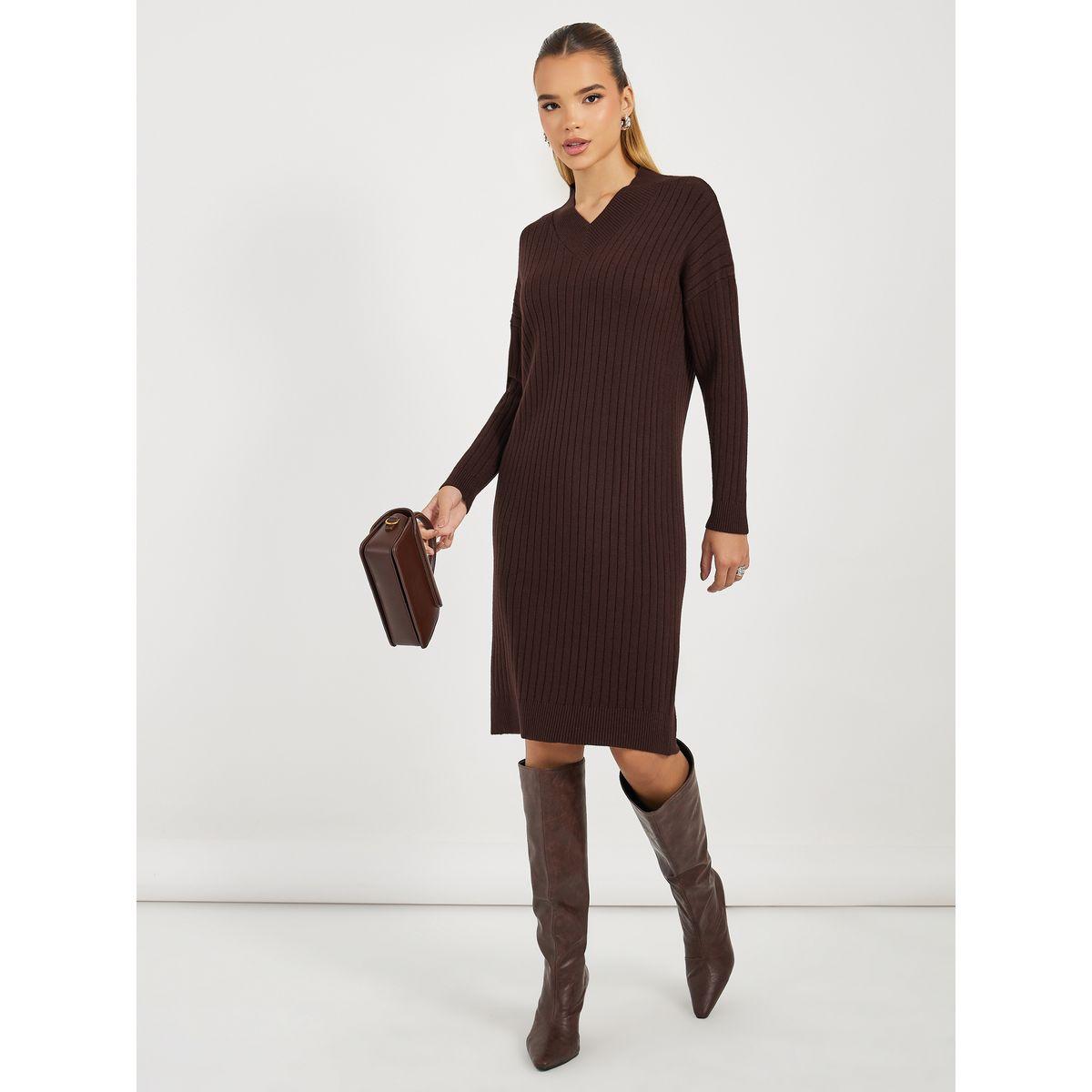 Styli Ribbed Knit V Neck Sweater Midi Dress-women-clothing-dresses-image-1