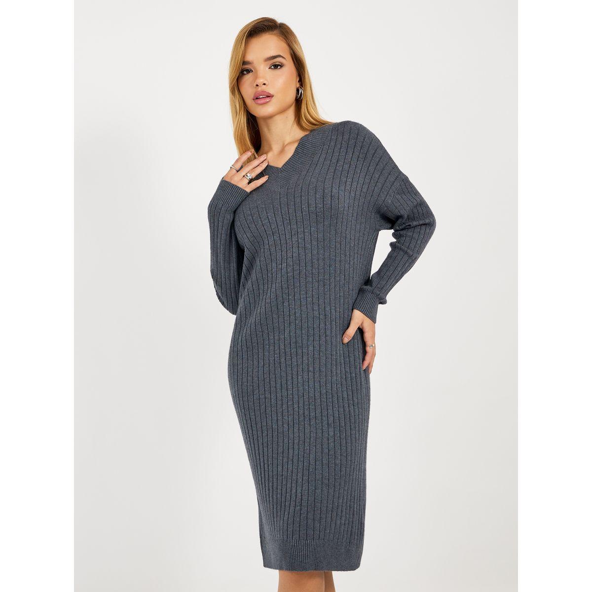 Styli Ribbed Knit V Neck Sweater Midi Dress-women-clothing-dresses-image-2