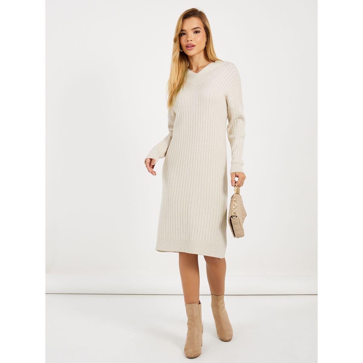 Styli Ribbed Knit V Neck Sweater Midi Dress-women-clothing-dresses-image-1