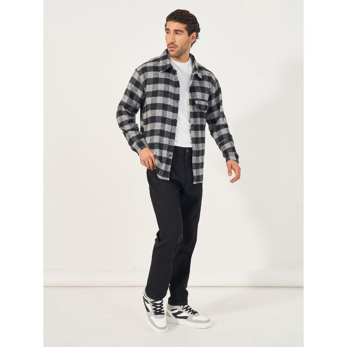 Styli Monochrome Brushed Flannel Checkered Relaxed Shirt with Mock Pocket-men-clothing-shirts-image-2