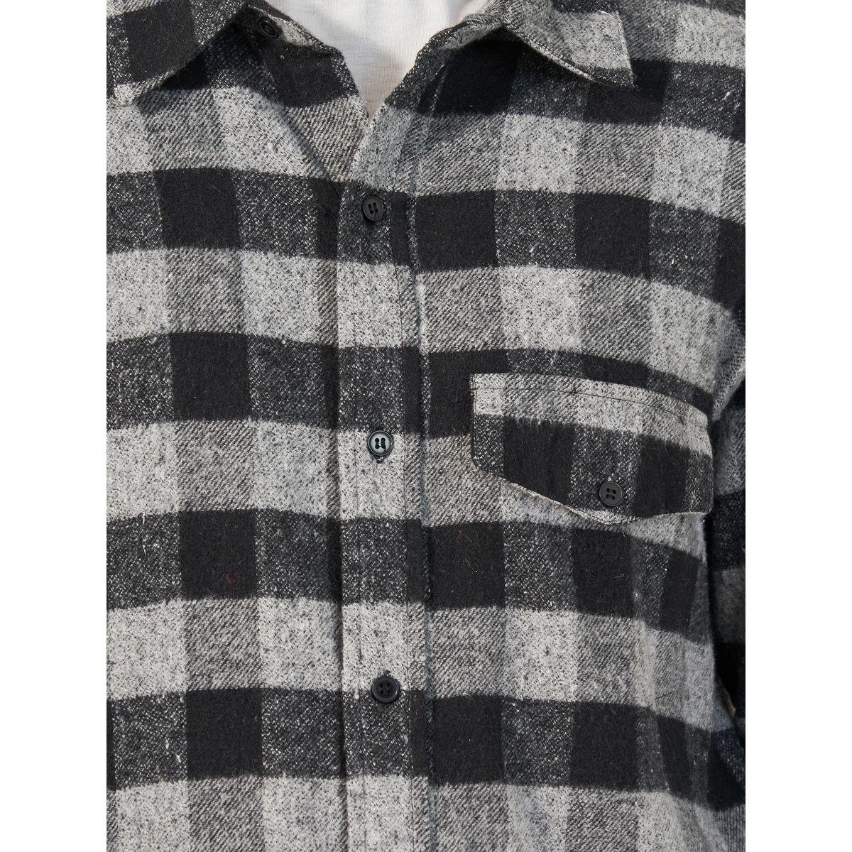 Styli Monochrome Brushed Flannel Checkered Relaxed Shirt with Mock Pocket-men-clothing-shirts-image-3