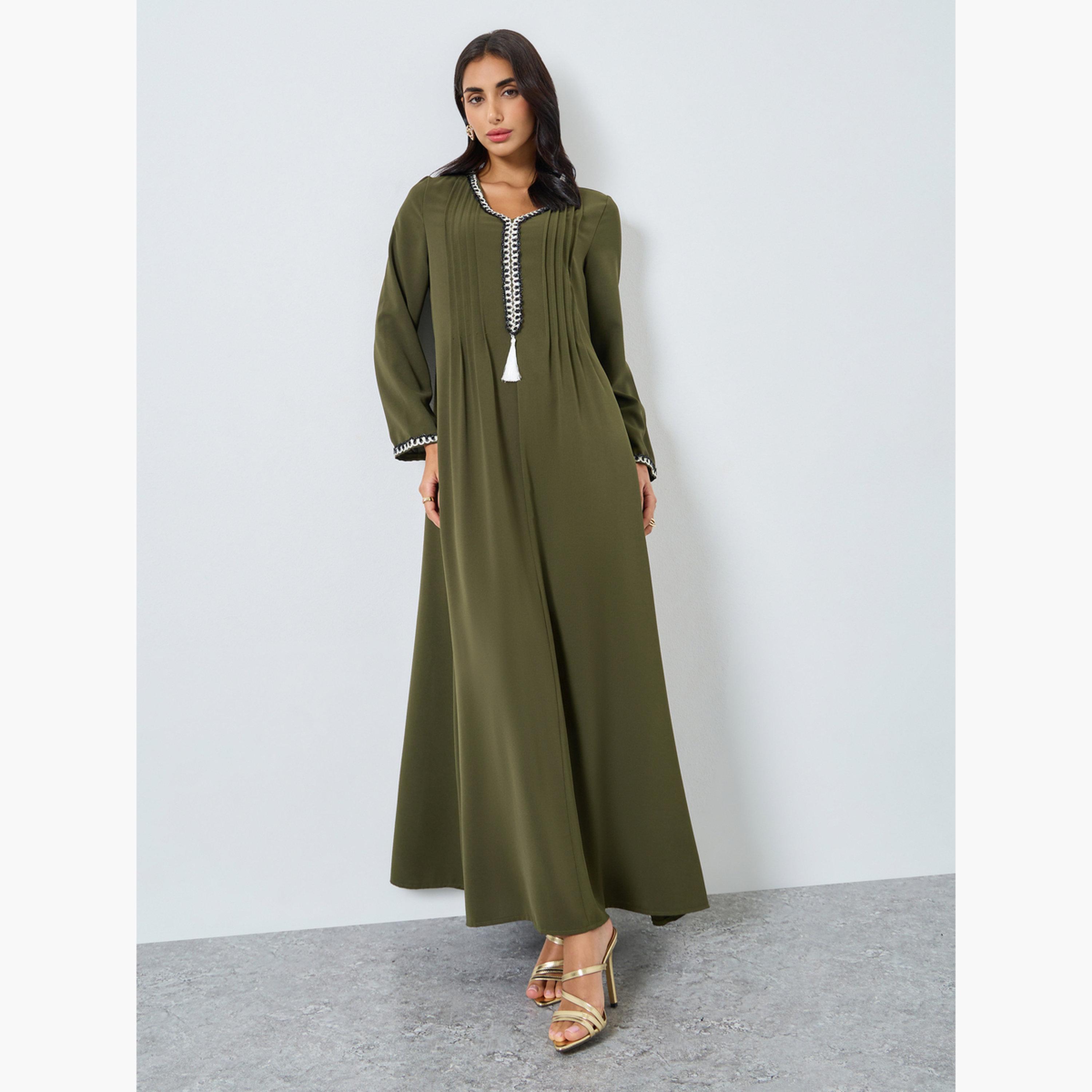 ستايلي - جلابية بتفاصيل كشكشة مع شراشيب-women-arabicclothing-jalabiyas-image-1
