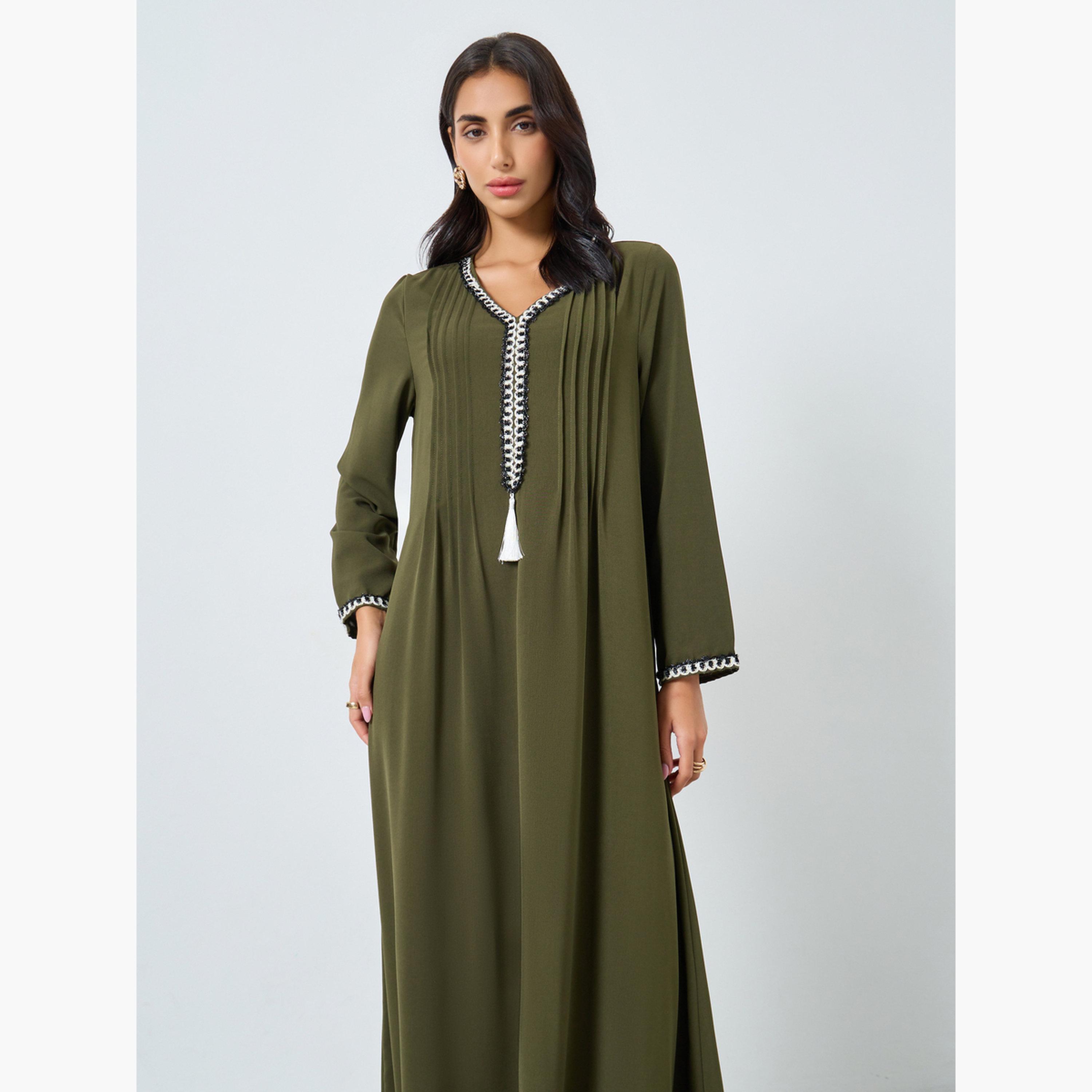 Styli Pintuck Detail Jalabiya with Tassel Trim-women-arabicclothing-jalabiyas-image-2