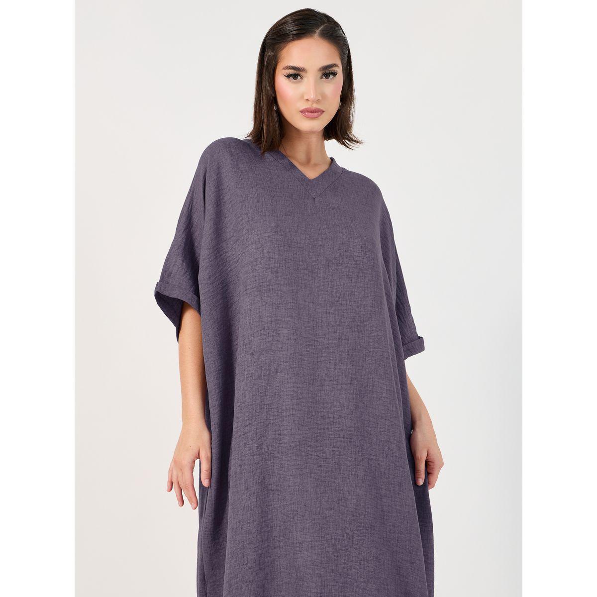 Styli Melange V Neck Loose Fit Jalabiya-women-arabicclothing-jalabiyas-image-2