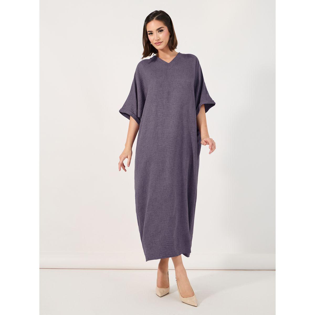 Styli Melange V Neck Loose Fit Jalabiya-women-arabicclothing-jalabiyas-image-4