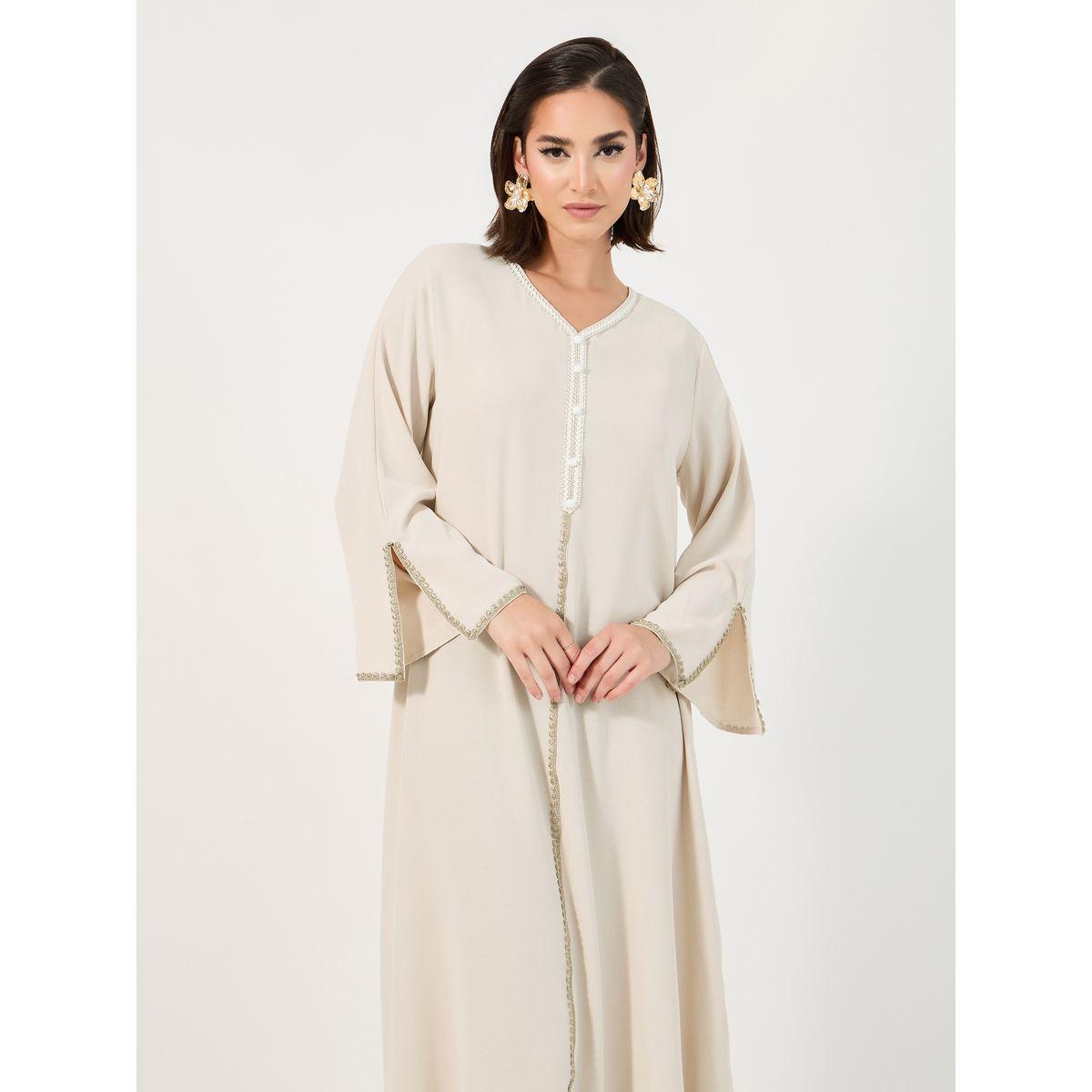 Styli Lace Trim Crepe Jalabiya with Slit Sleeves-women-arabicclothing-jalabiyas-image-2