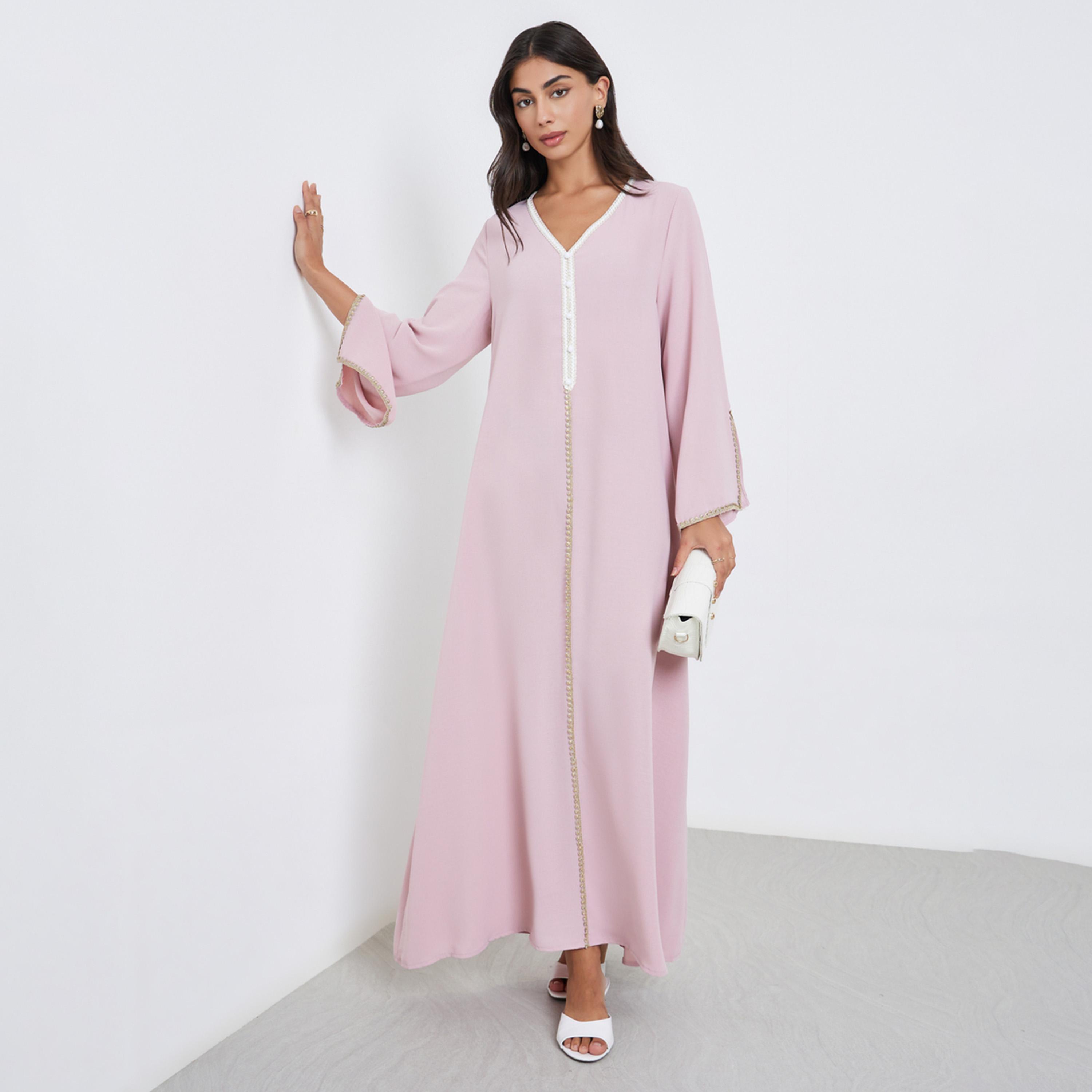Amirah X Styli Pink Crepe Jalabiya with Lace Insert-women-arabicclothing-jalabiyas-image-1