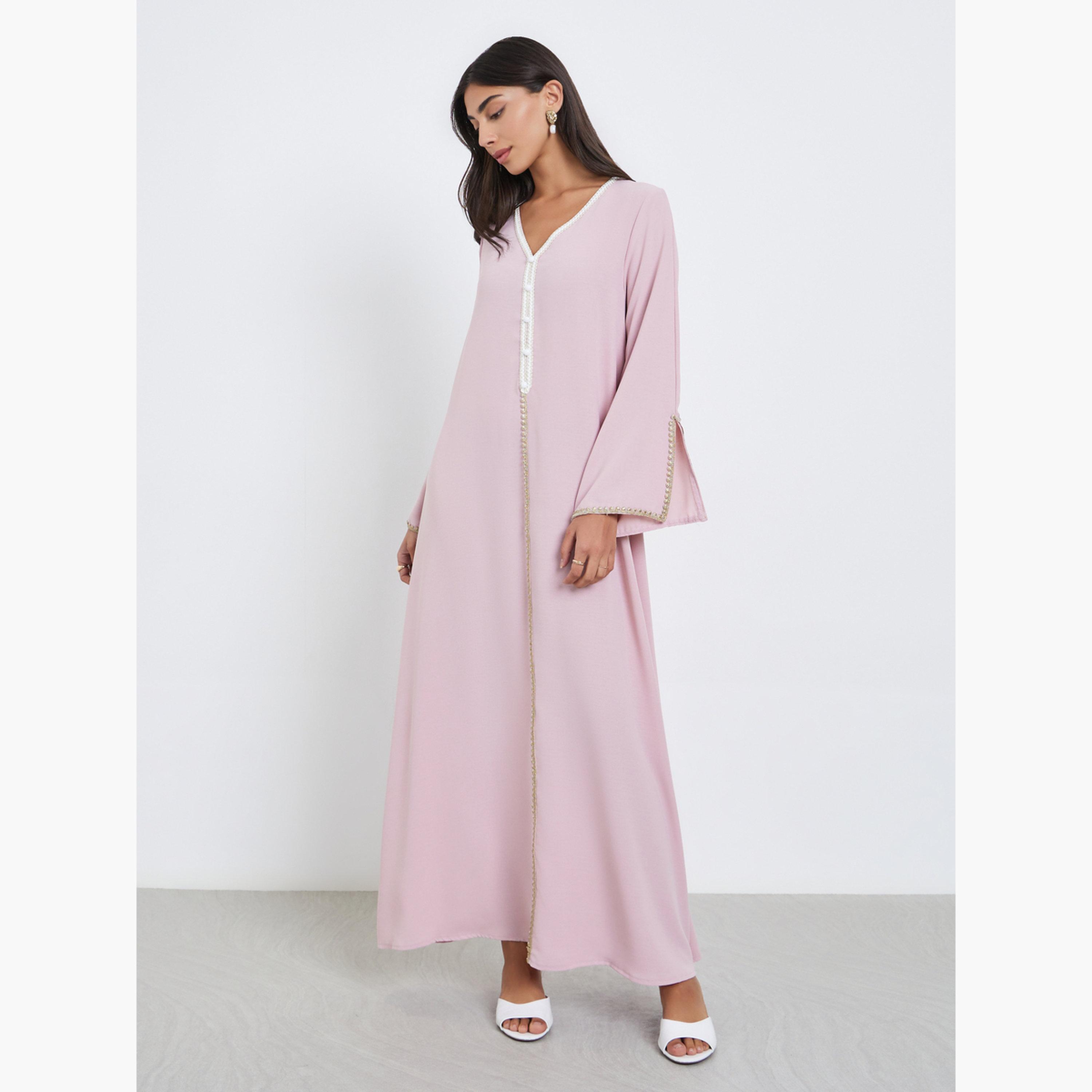 Amirah X Styli Pink Crepe Jalabiya with Lace Insert-women-arabicclothing-jalabiyas-image-2