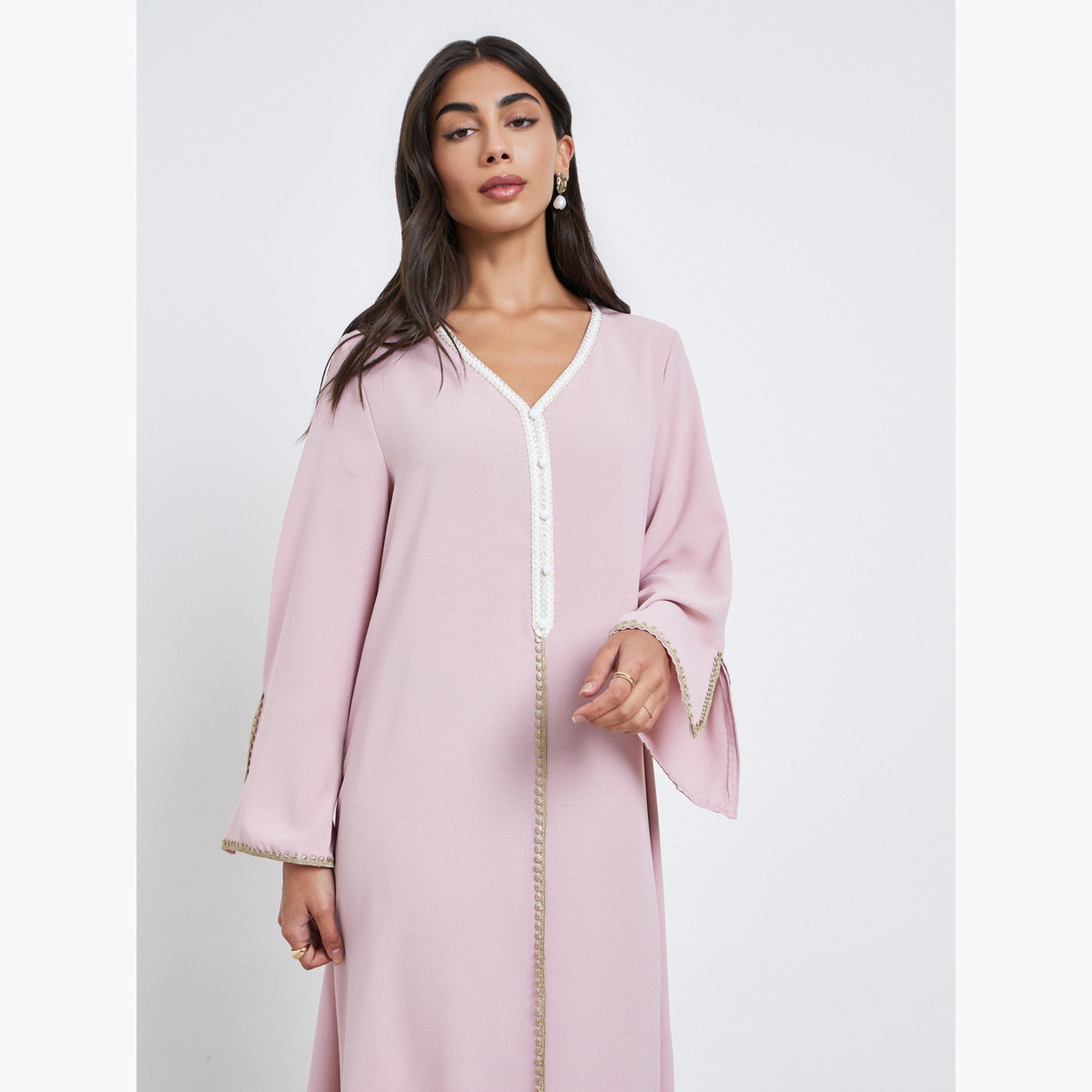 Amirah X Styli Pink Crepe Jalabiya with Lace Insert-women-arabicclothing-jalabiyas-image-3