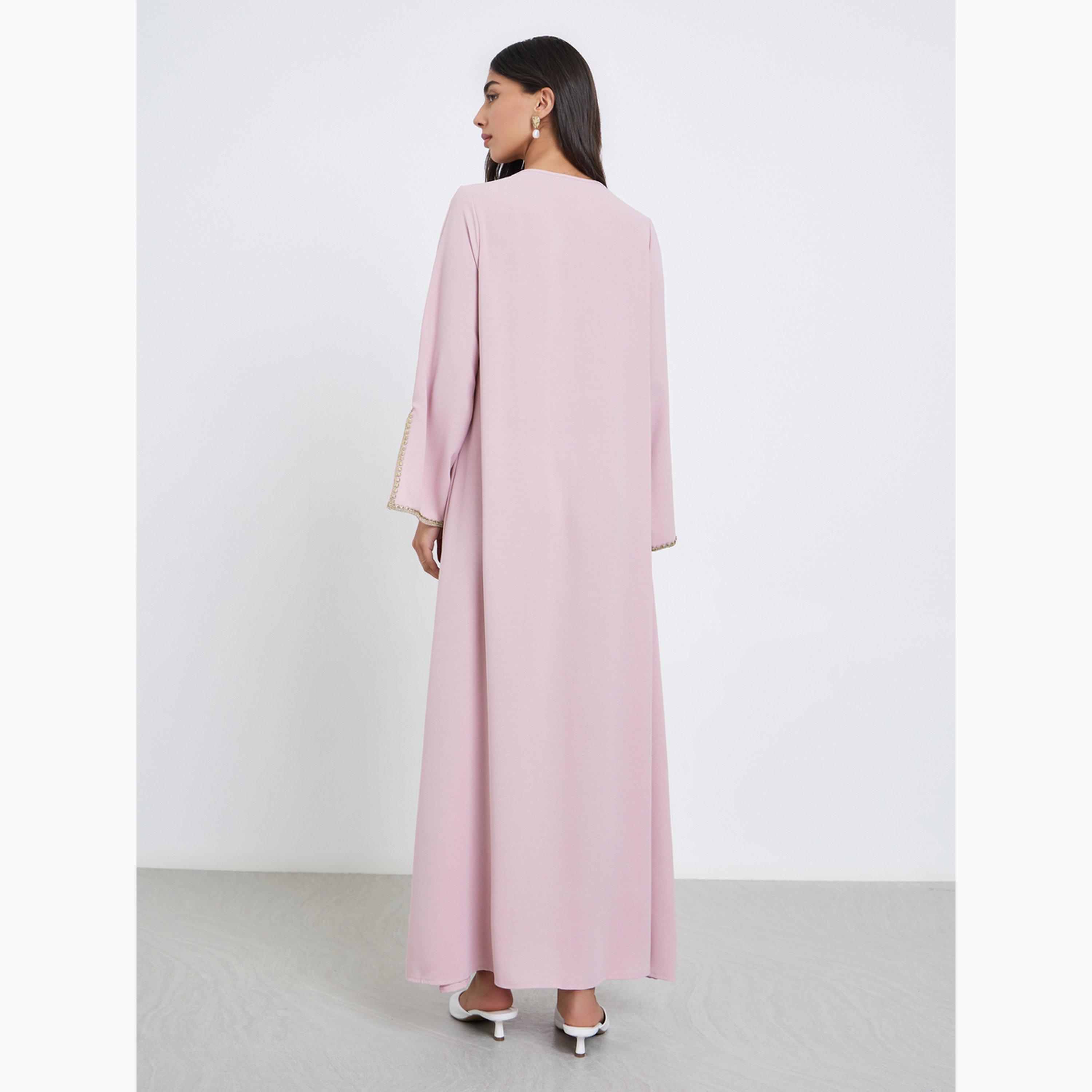 Amirah X Styli Pink Crepe Jalabiya with Lace Insert-women-arabicclothing-jalabiyas-image-4