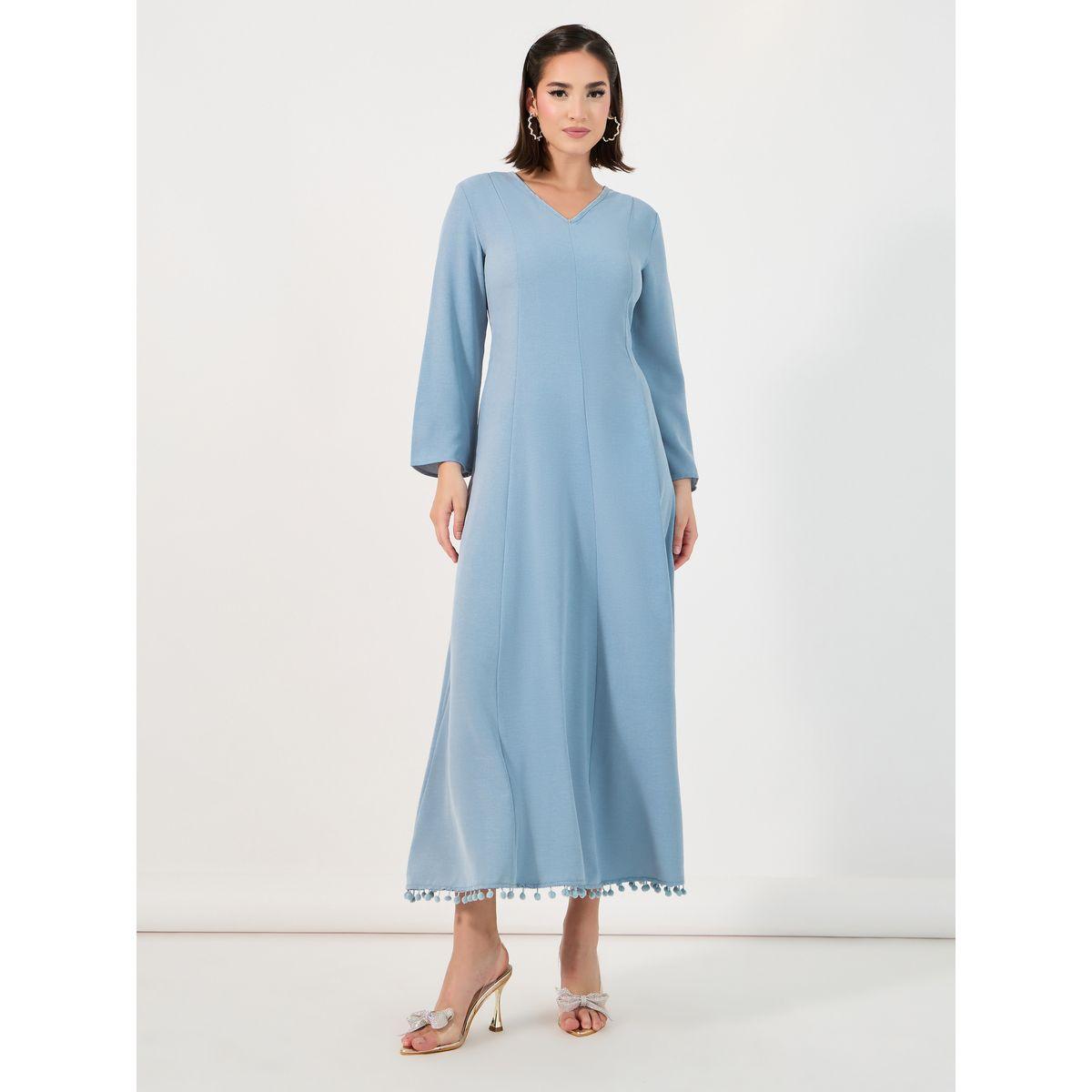 Amirah X Styli Tie-Up Back Detail Pompom Edge Jalabiya-women-arabicclothing-jalabiyas-image-1