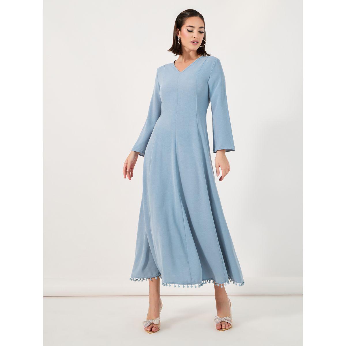 Amirah X Styli Tie-Up Back Detail Pompom Edge Jalabiya-women-arabicclothing-jalabiyas-image-4