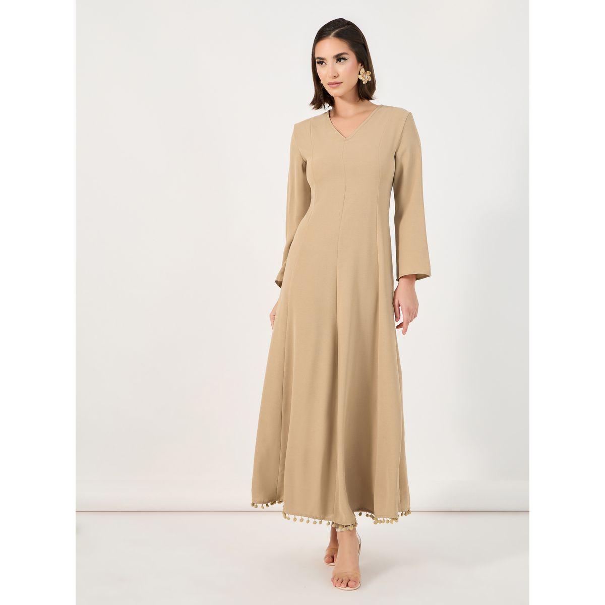 Styli Tie-Up Back Detail Pompom Edge Jalabiya-women-arabicclothing-jalabiyas-image-4