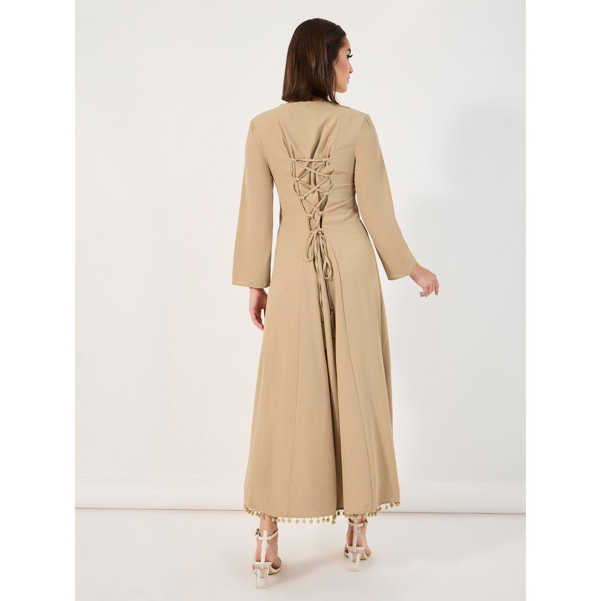 Styli Tie-Up Back Detail Pompom Edge Jalabiya-women-arabicclothing-jalabiyas-image-6
