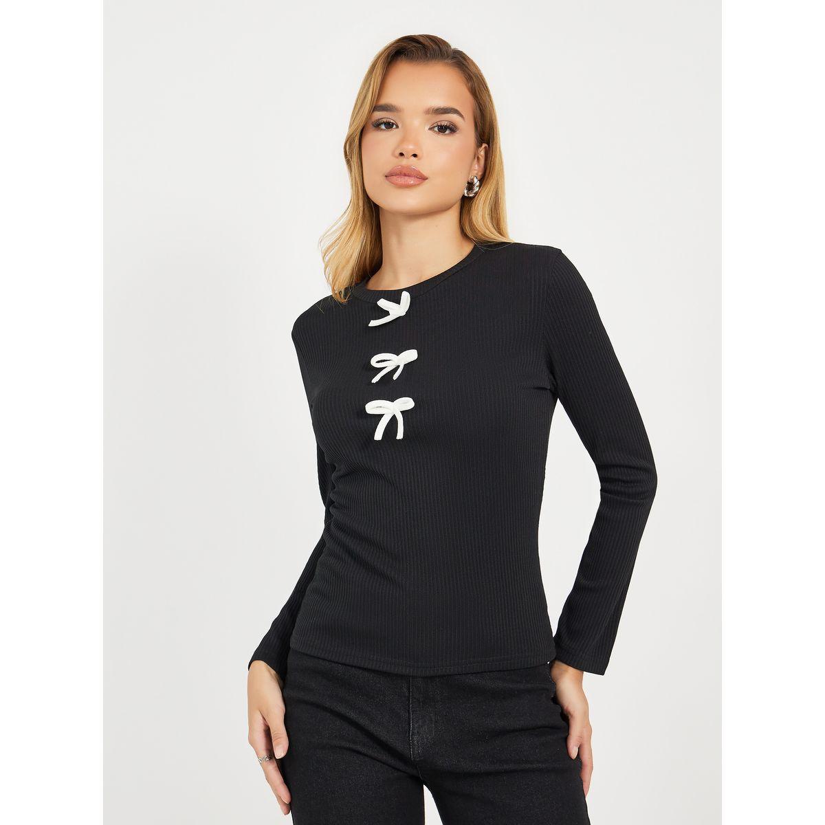 Styli Ribbed Knit Top with Contrast Bow Detail-women-clothing-shirtsandblouses-blouses-image-1