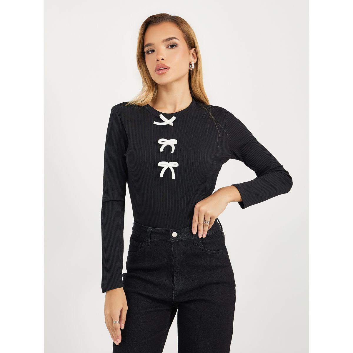 Styli Ribbed Knit Top with Contrast Bow Detail-women-clothing-shirtsandblouses-blouses-image-2