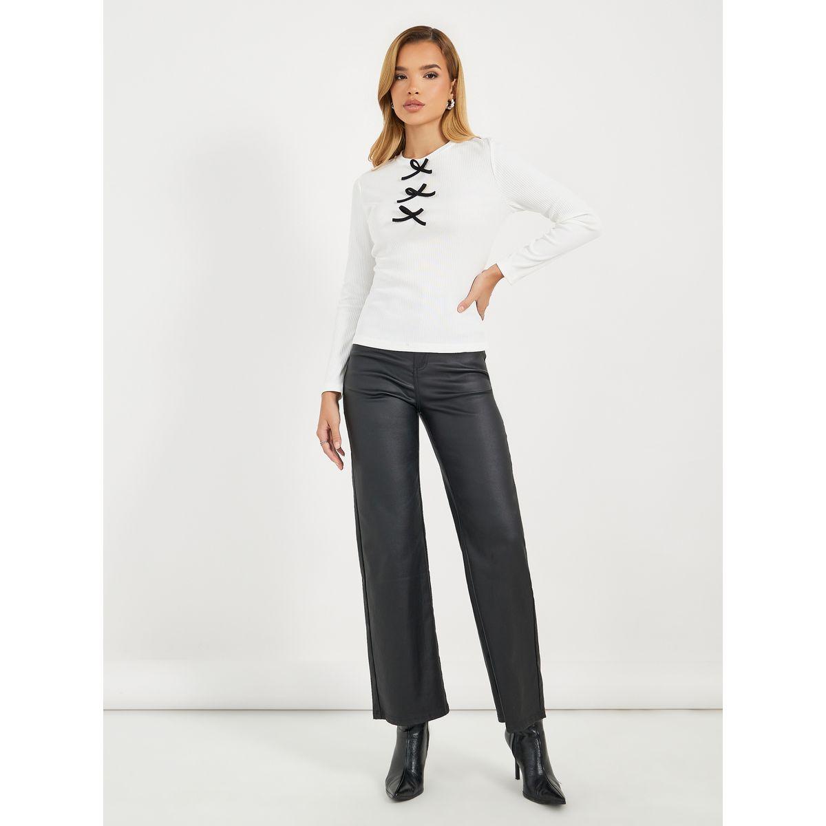 بلوزة محبوكة بتفاصيل مضلعة مع ربطة فيونكة-women-clothing-shirtsandblouses-blouses-image-2