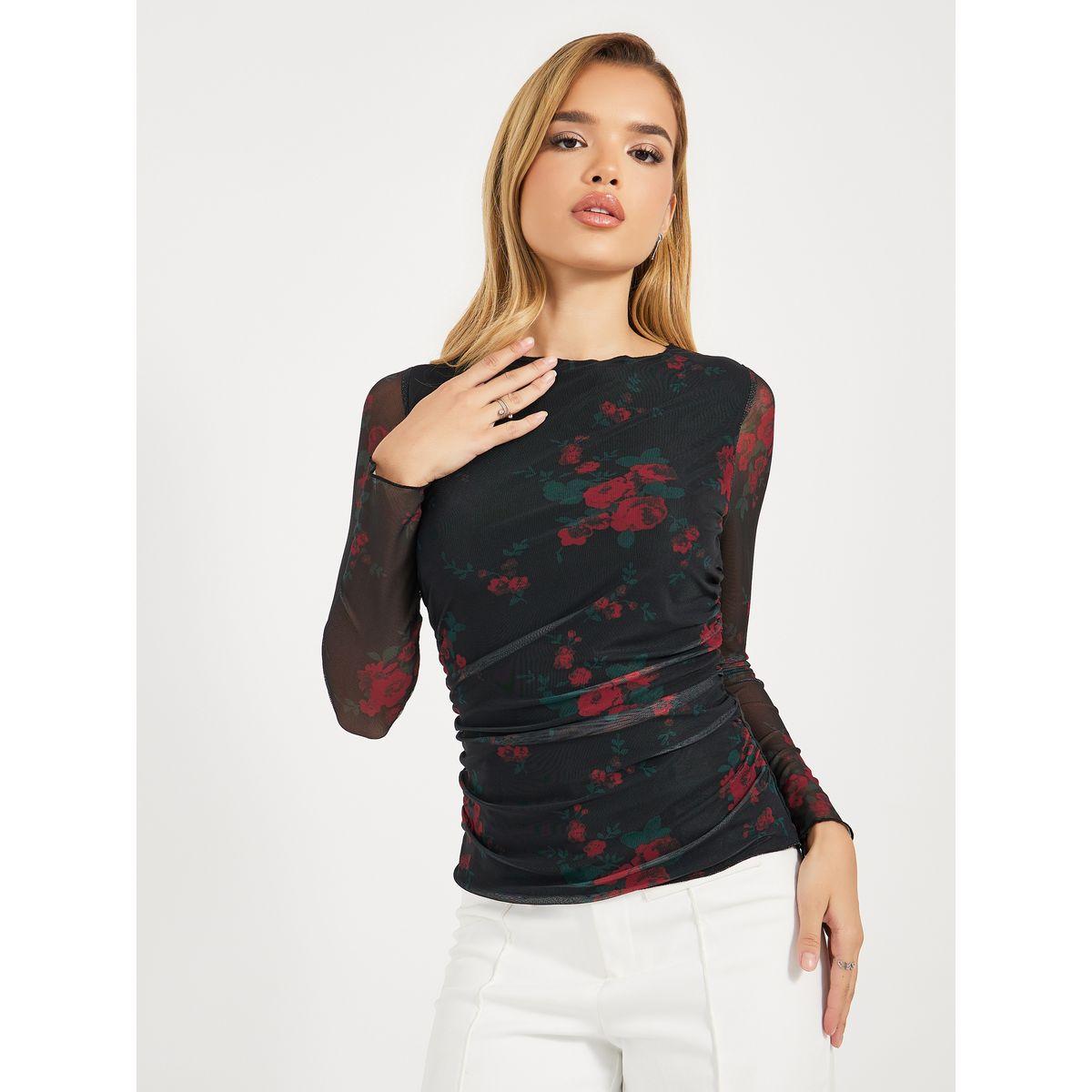 Styli Floral Print Mesh Insert Knit Top-women-clothing-shirtsandblouses-blouses-image-1