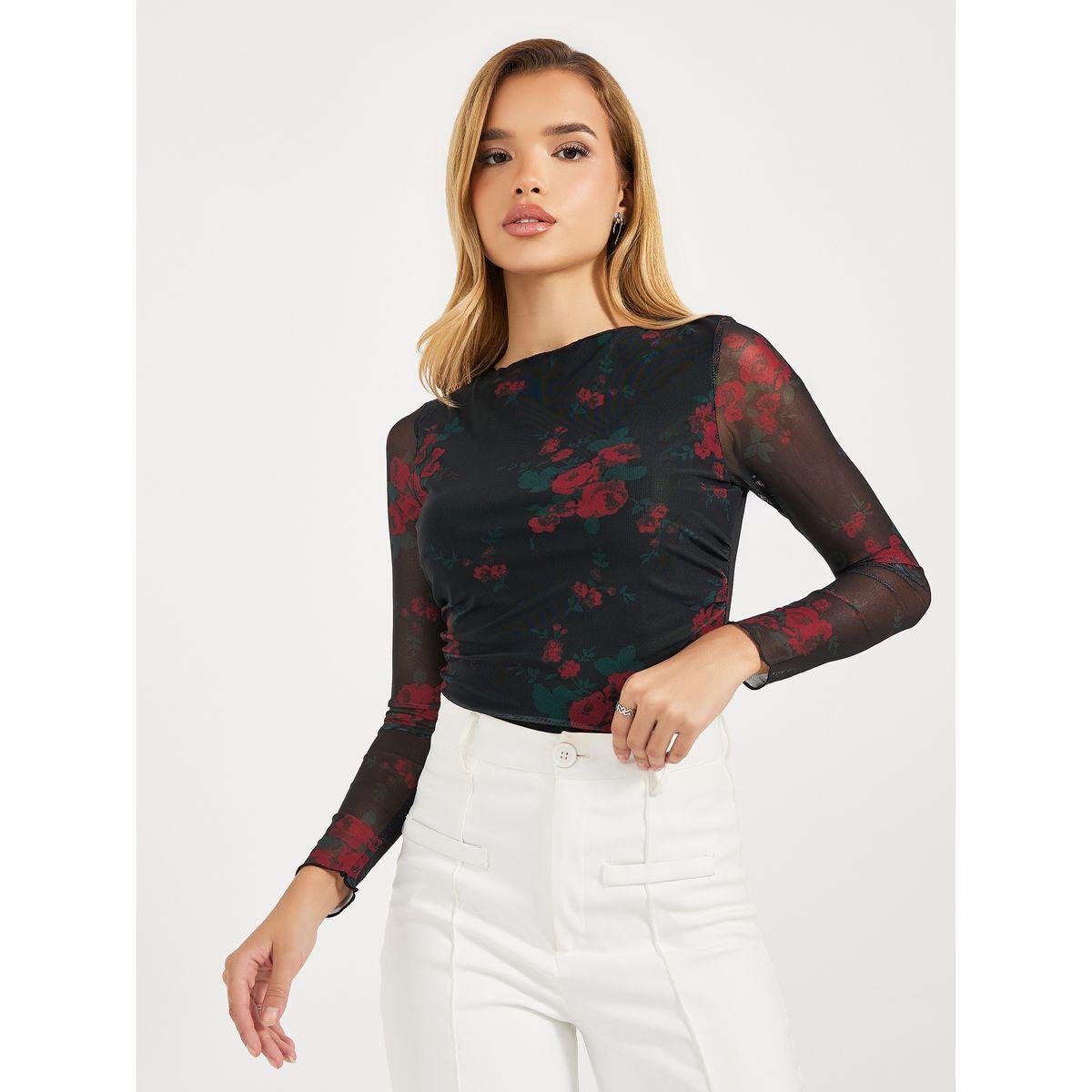 بلوزة محبوكة بطبعة زهور وتفاصيل شبكية-women-clothing-shirtsandblouses-blouses-image-2